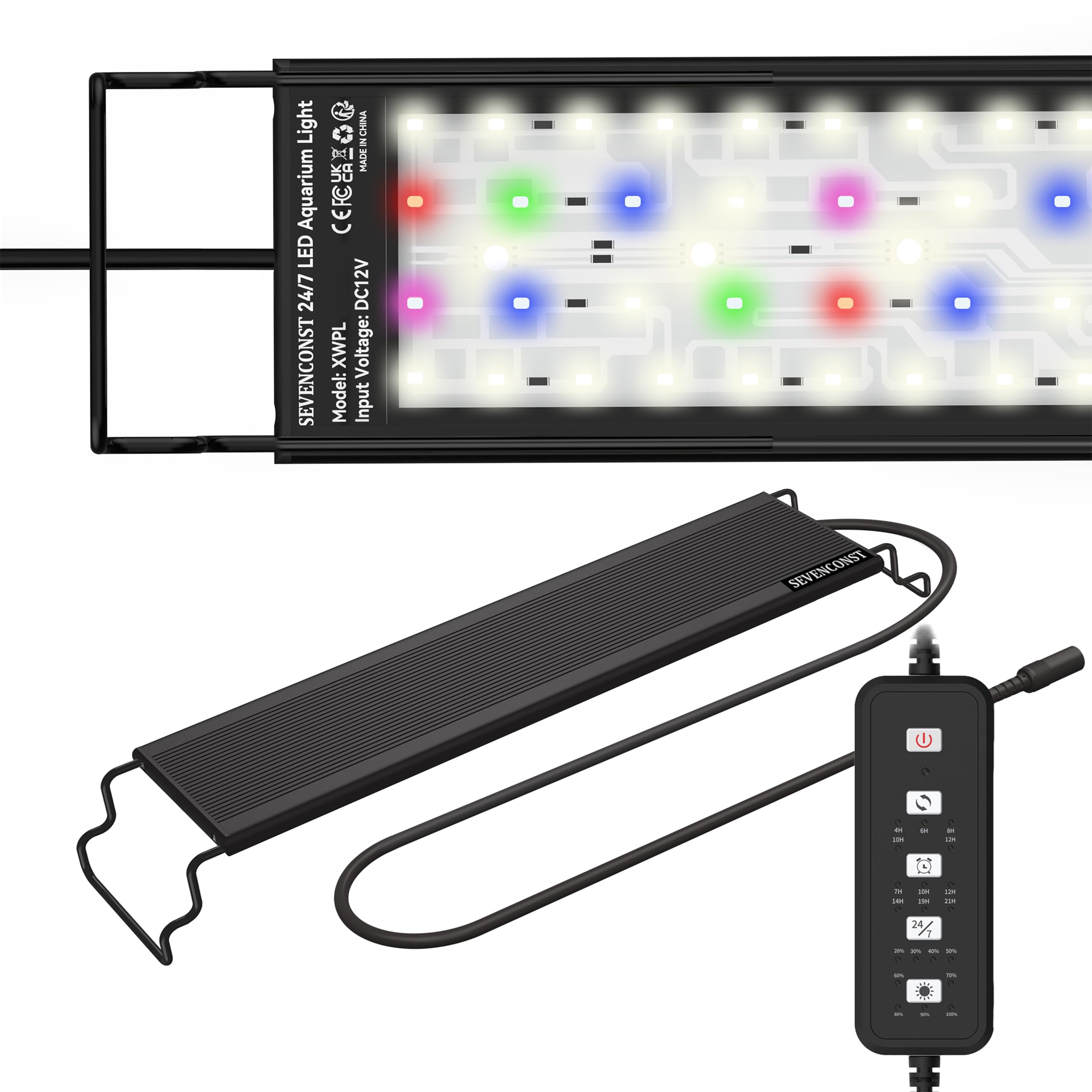 SEVENCONST 24/7 Mode LED Aquarium Light for 24-30 Inch Plant & Fish Tank, IP68 Full Spectrum Light, Sunrise-Daylight-Moonlight, White Red Green Blue Pink LEDs with Extendable Brackets for Freshwater