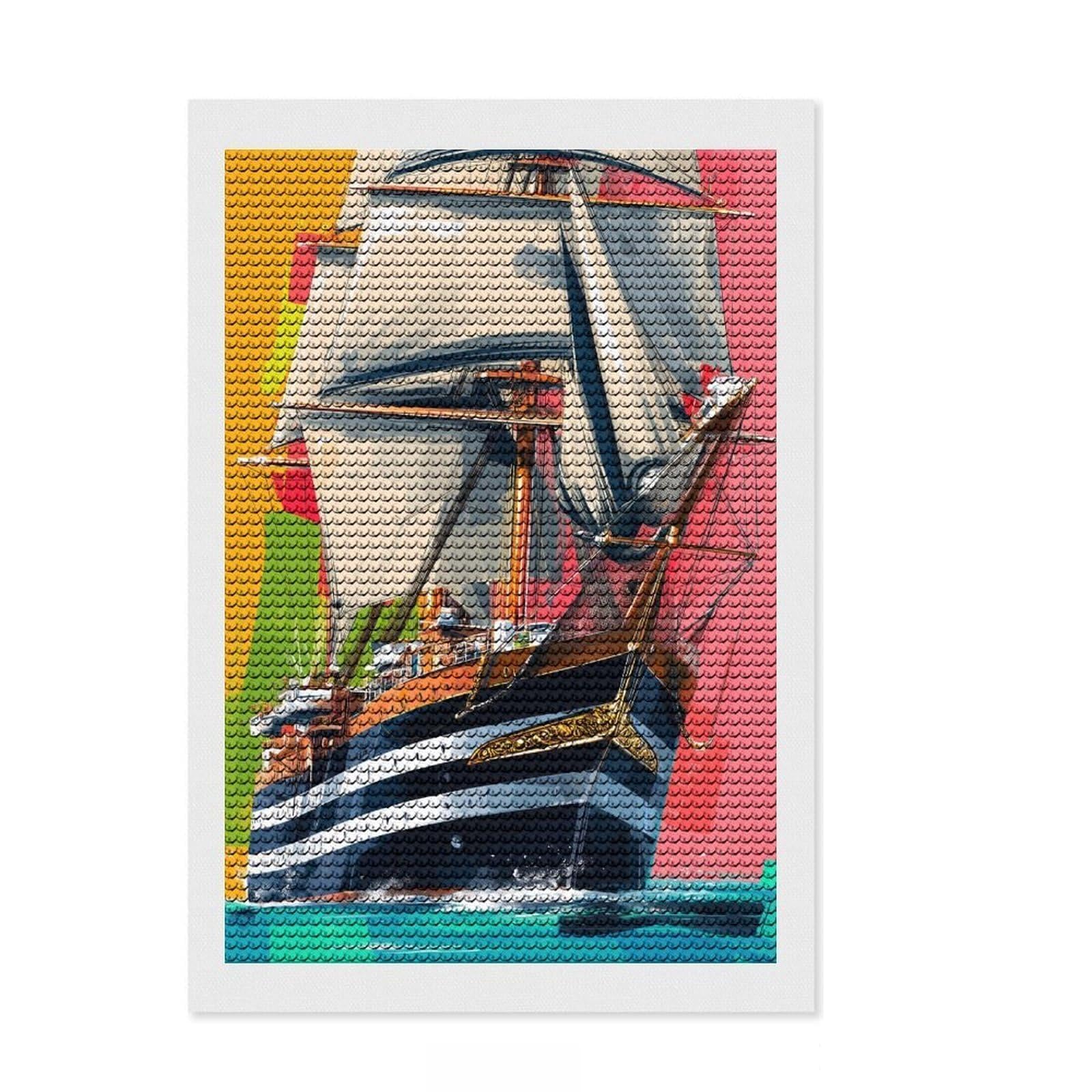 Junmoney Voyage of The Grand Ship 5D Diamond Painting Kit 8"x12", Round Gems, Aesthetic Room Decor, Seasonal Gift Choice, Gift Idea, Leisure Activity