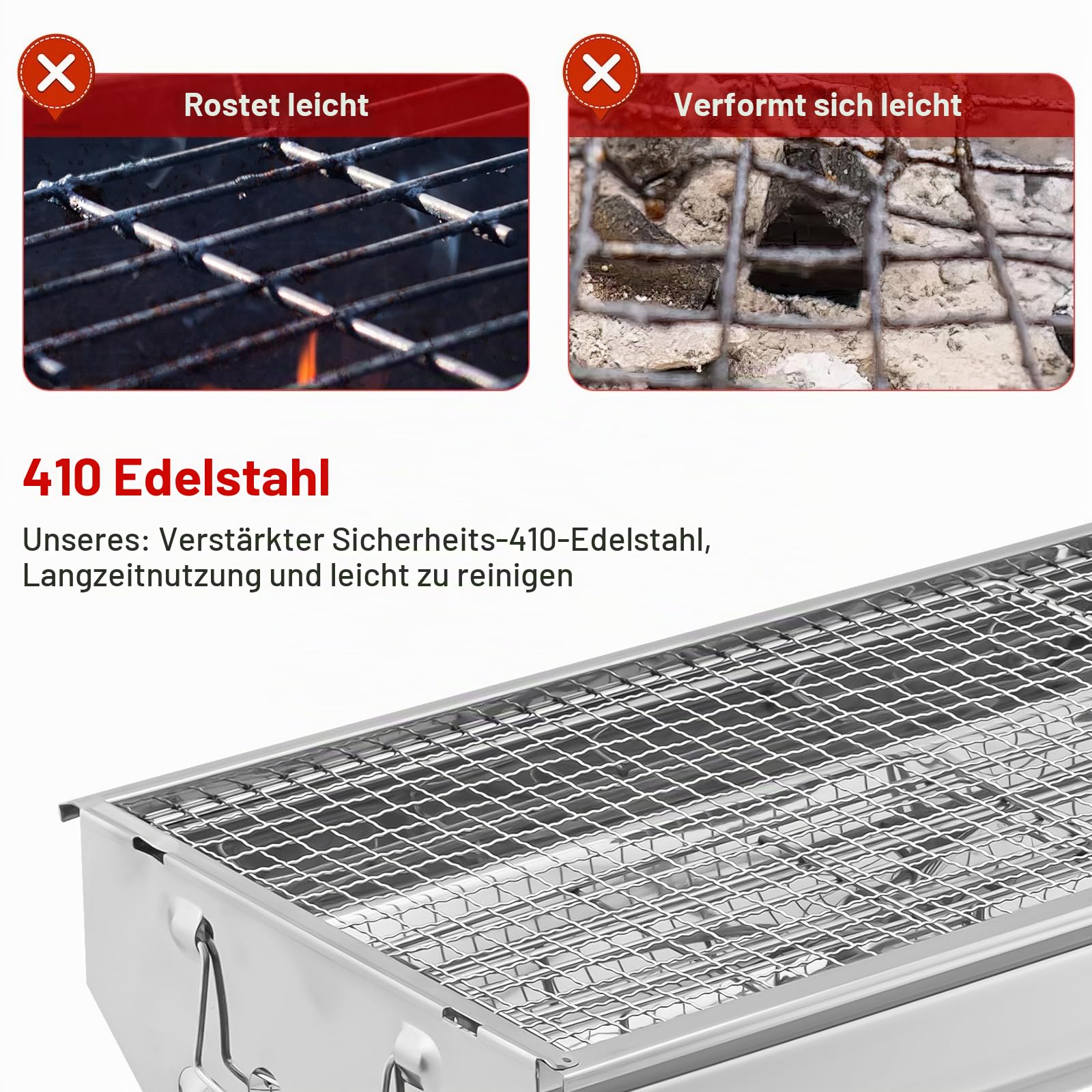 Holzkohlegrill Edelstahl Faltgrill Campinggrill 100 x 28x 76 cm, Outdoor Grill, Tragbar Kohlegrill für den Außenbereich für Grillpartys im Freien von 2-8 Personen