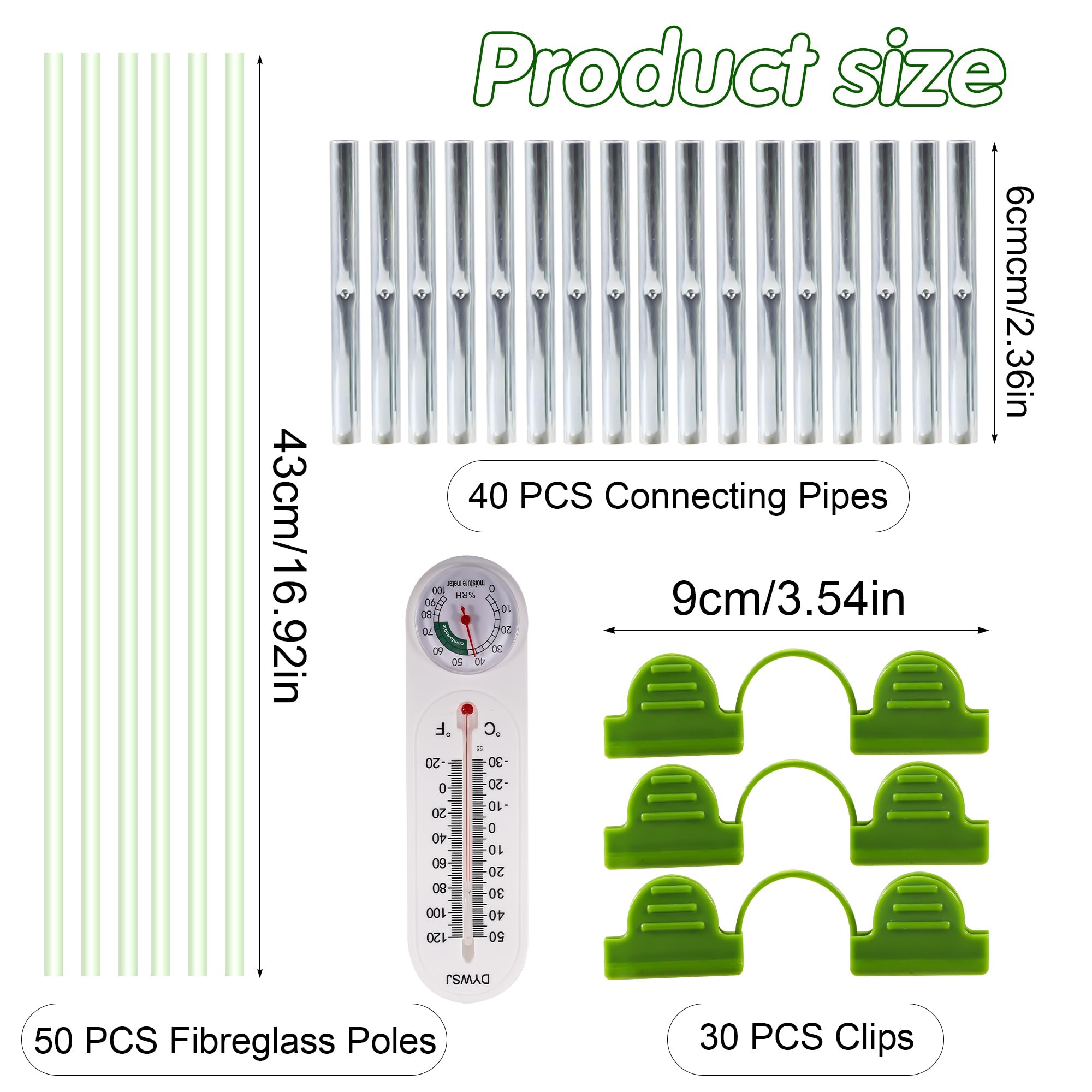 50 Pièces Arceau pour Serre Tunnel, 43cm Cerceaux pour Serre de Jardin avec 40 Tube de Connexion, 32 Pinces et Thermomètre, Kit de Maison de Cerceau de Jardin pour Plantes, Fruits, Légumes