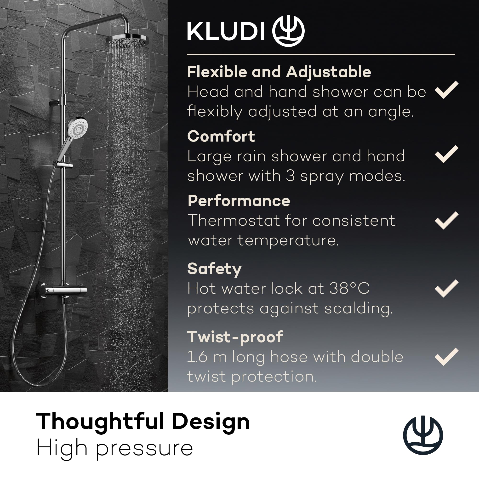 KLUDI -X3 system prysznicowy z termostatem, deszczownicą (20 cm), kompletny zestaw z armaturą prysznicową, słuchawką prysznicową z wężem, słuchawką prysznicową i drążkiem prysznicowym, głowica
