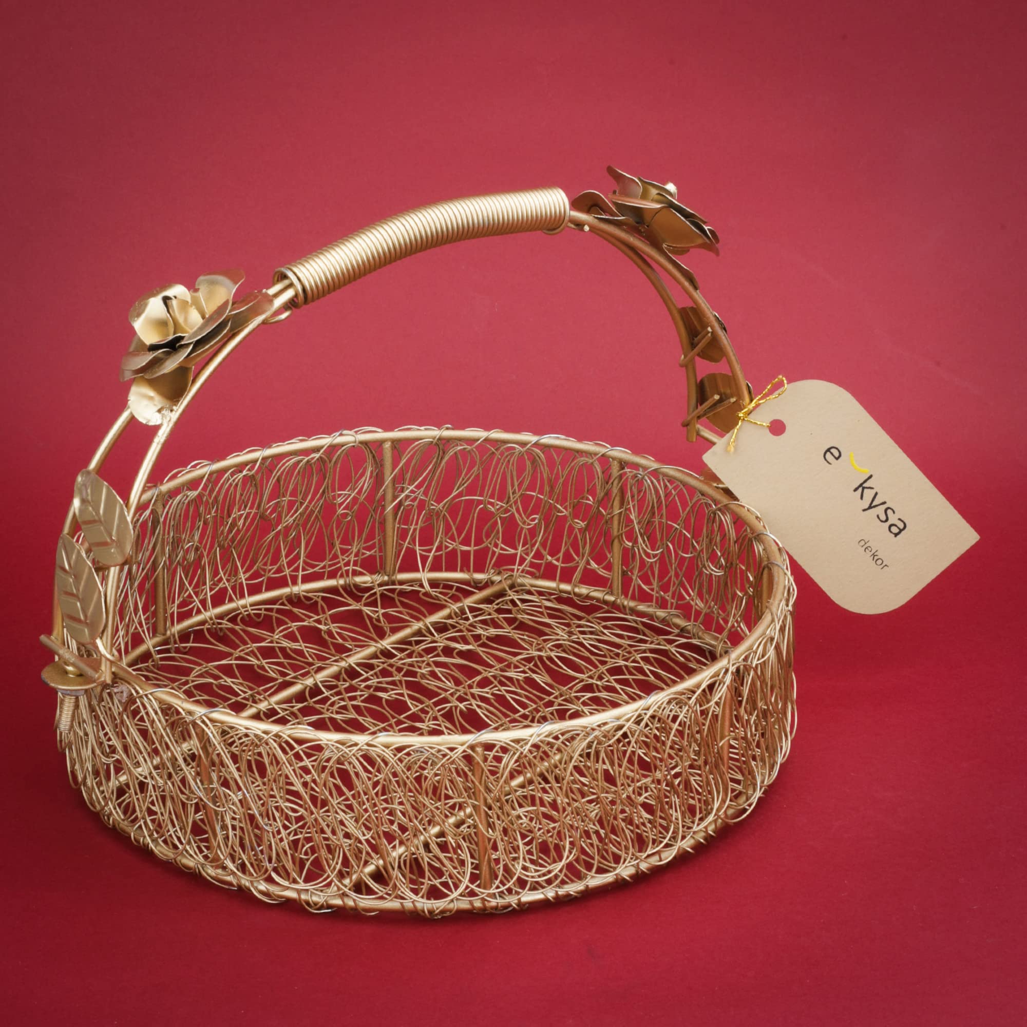 ekysa dekor metal meshwire multipurpose Fancy Hamper Basket/Tray/Platter with hadles for Packing, Gifting, Home Decoration - Golden (8 * 8 * 2.5 inch)
