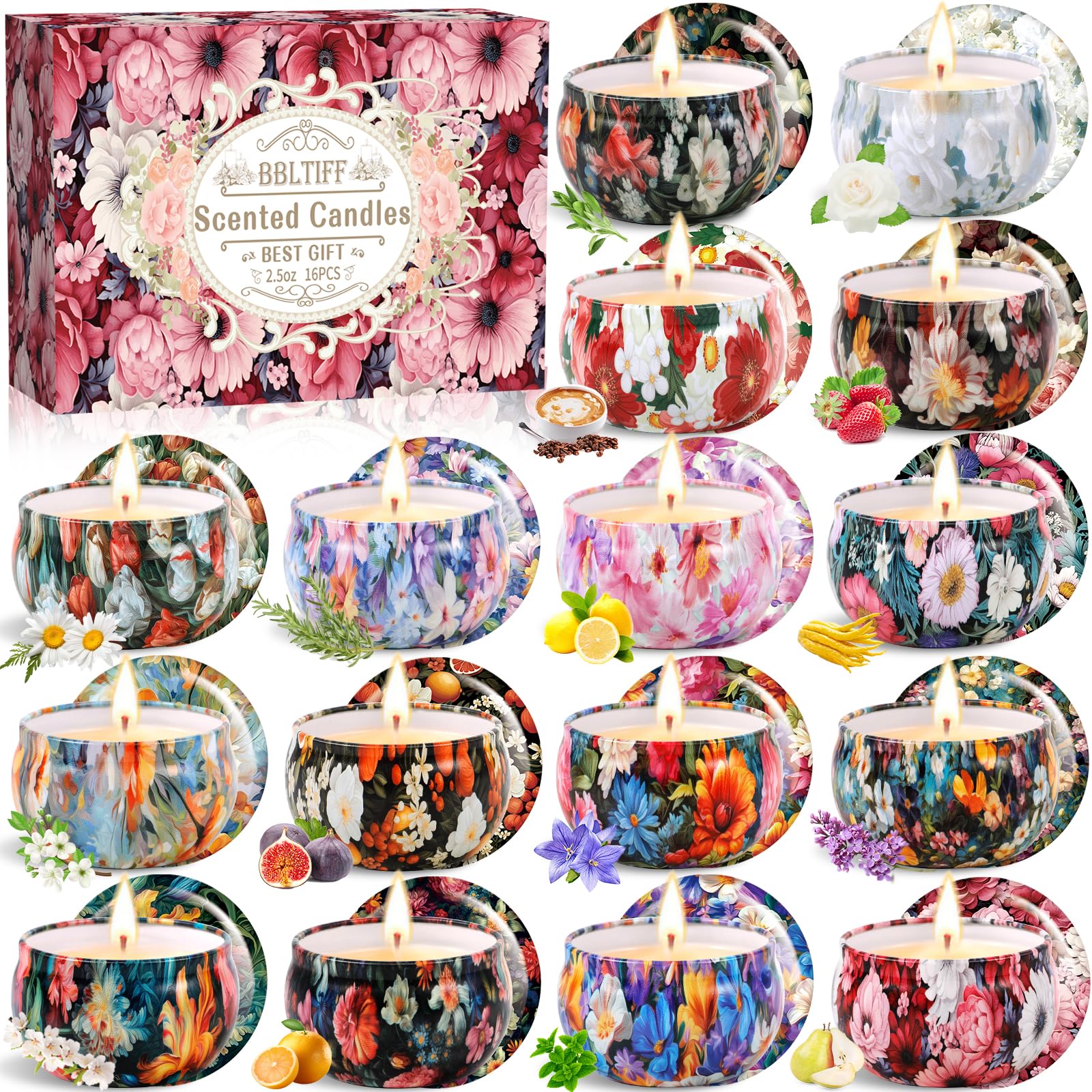 BBLTIFF Velas Perfumadas, 16 Piezas Velas Aromáticas, Velas Decorativas, Juego De Velas Perfumadas, Hasta 320 Horas Para Baño, Yoga, Bodas, Navidad, Día de La Madre, Regalos de Cumpleaños (16 Aromas)