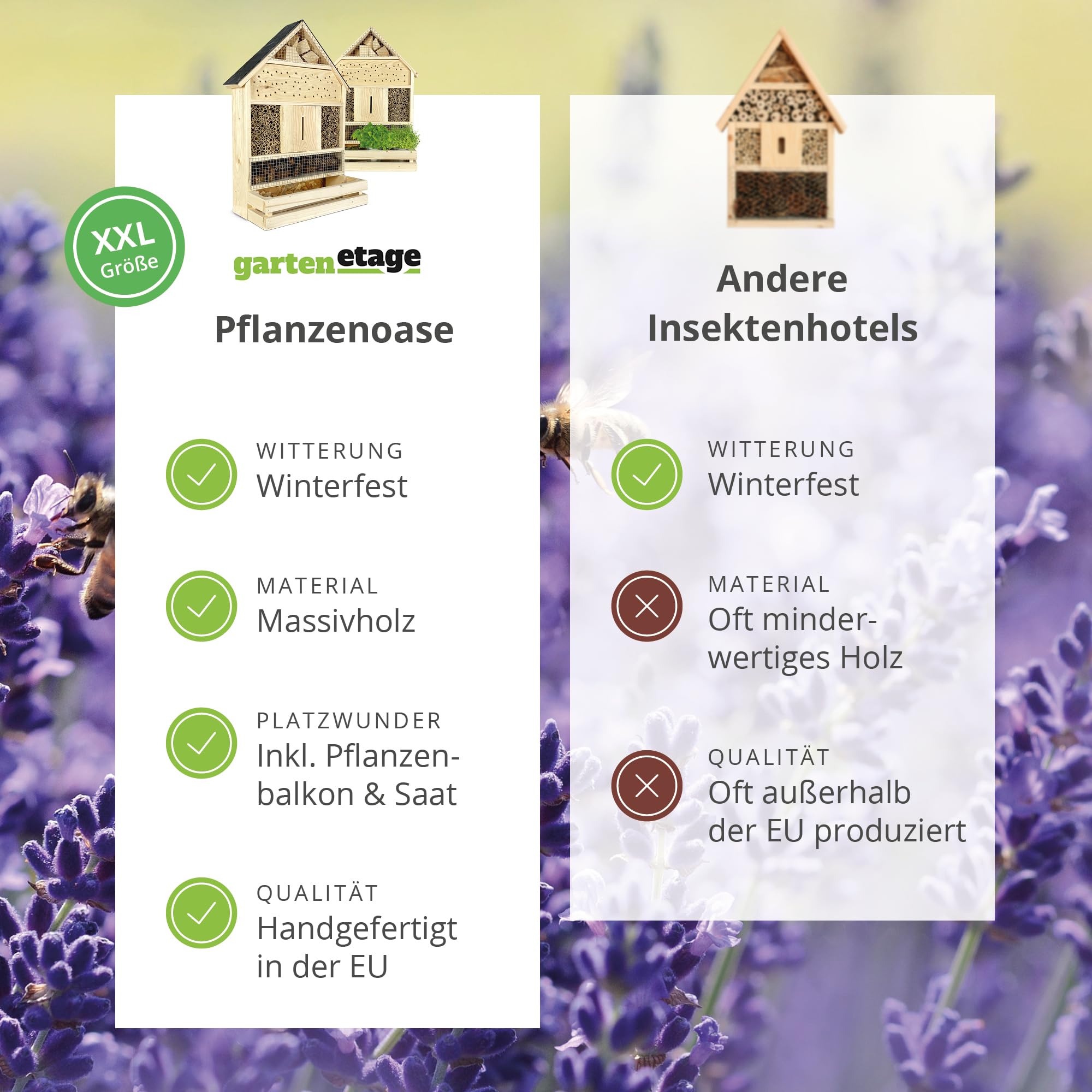 GARTENETAGE Stehendes Insektenhotel XXL mit Schieferdach und Pflanzenoase Lavendel - inkl. Anzuchtset/Naturbelassenes, massives Insektenhaus & Bienenhotel/Insektenhotel zum Aufstellen