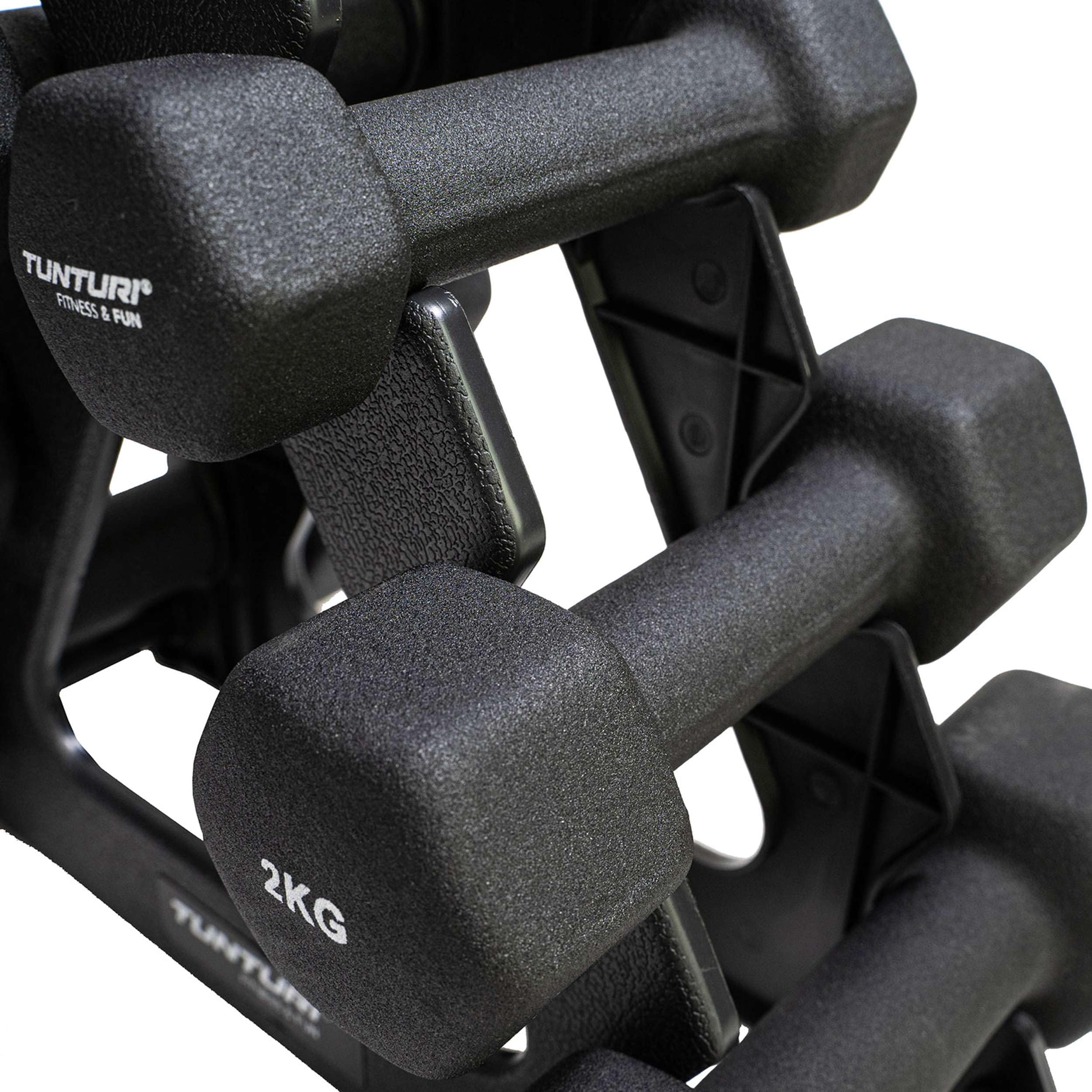 Tunturi 6er Set Kurzhanteln mit Rack, Hantelset mit je 2 x 1 kg, 2 kg, 3 kg, Kurzhantelset, Hanteln aus Gusseisen