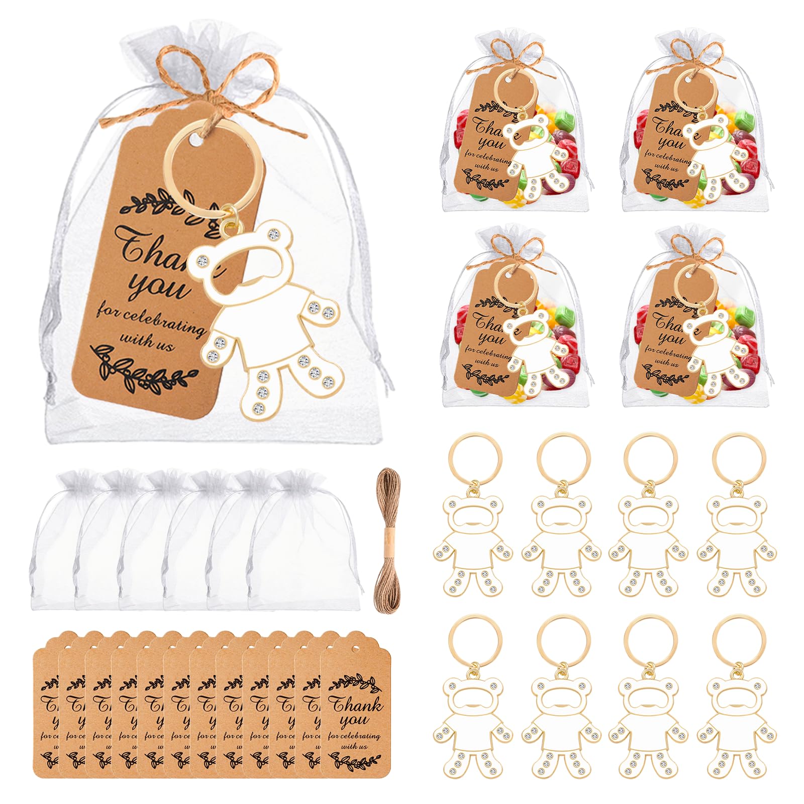 50 apribottiglie a forma di orso, portachiavi sfuso per baby shower, bomboniere per gli ospiti, grazioso portachiavi con diamanti e etichette per sacchetti in organza, per rivelare il genere a tema