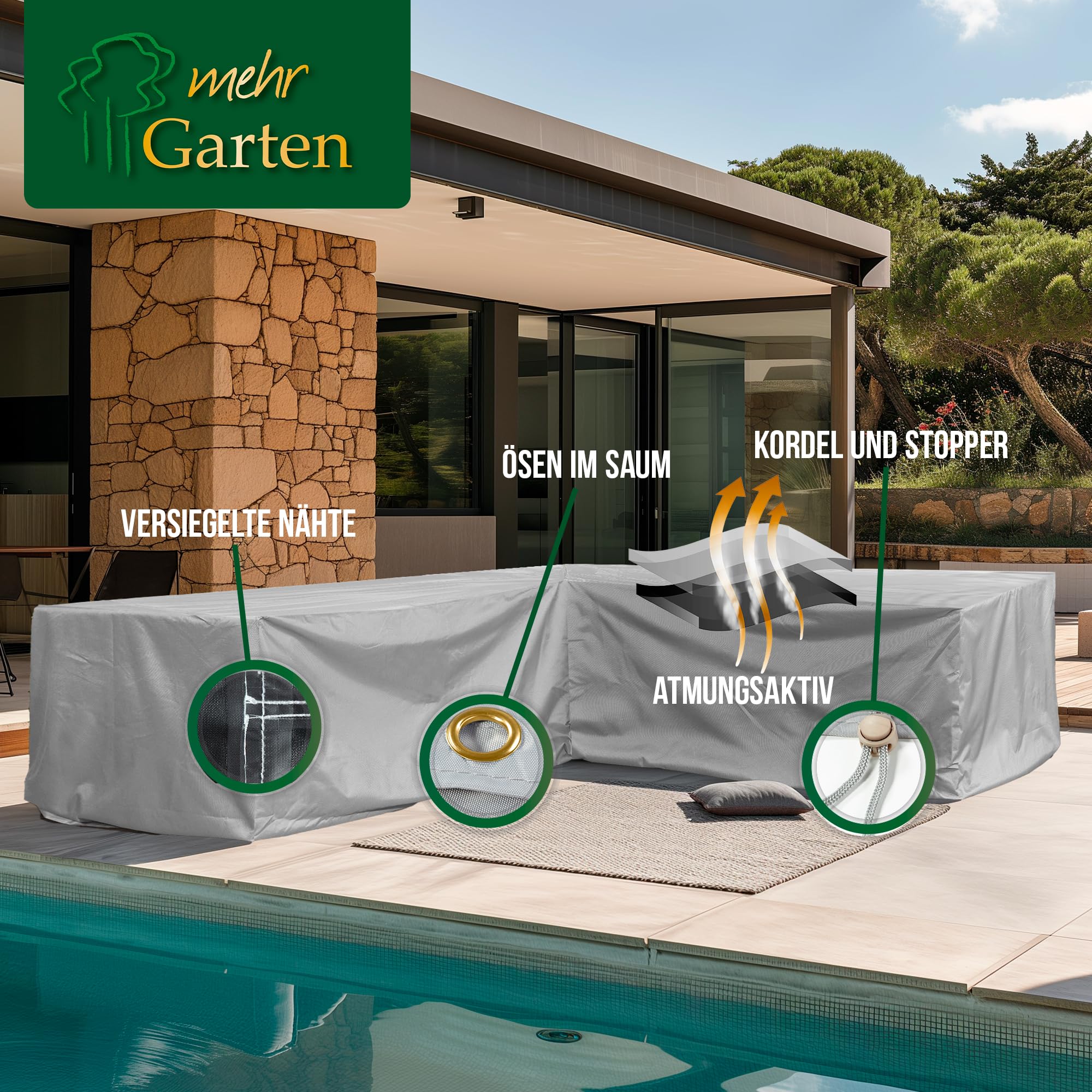 Premium Protect Lounge Abdeckung L-Form 270x270x80 cm | wasserdicht, UV-beständig und atmungsaktiv – 2-lagiges Polyestergewebe, Schutzhülle für Gartenmöbel mit Kordelzug