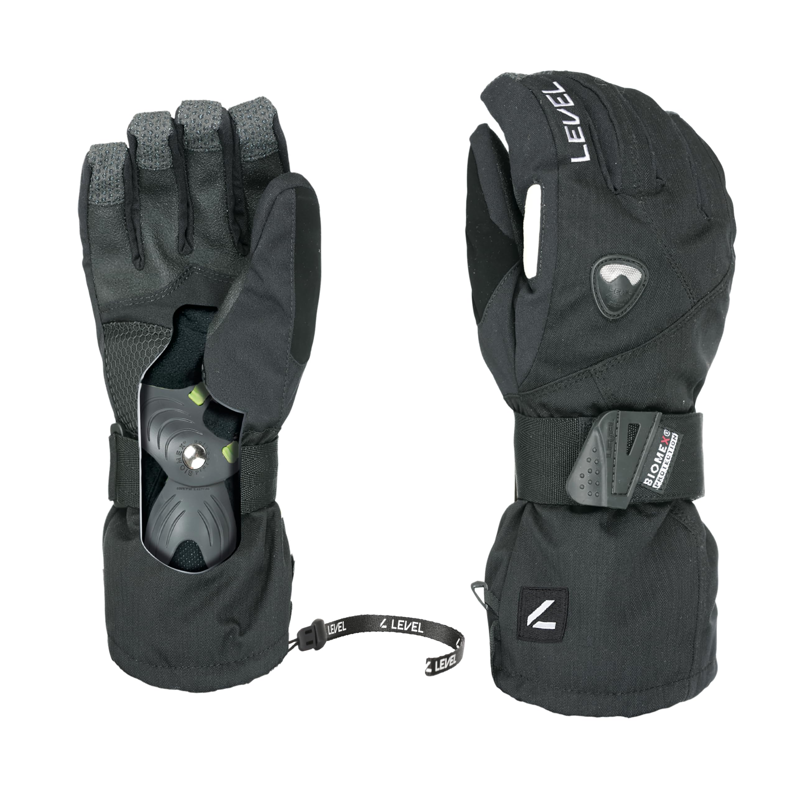 Level Fly Gants de Snowboard avec protège-Poignets en BioMex, Paumes en Kevlar, Doublure intérieure Amovible, Noir, 4XL (28 cm)