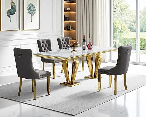 Miniatura 42 de Juego de mesa de comedor de mármol sintético, 7 piezas, juego de mesa de cocina y comedor para 6, mesa de comedor rectangular blanca de 70 pulgadas