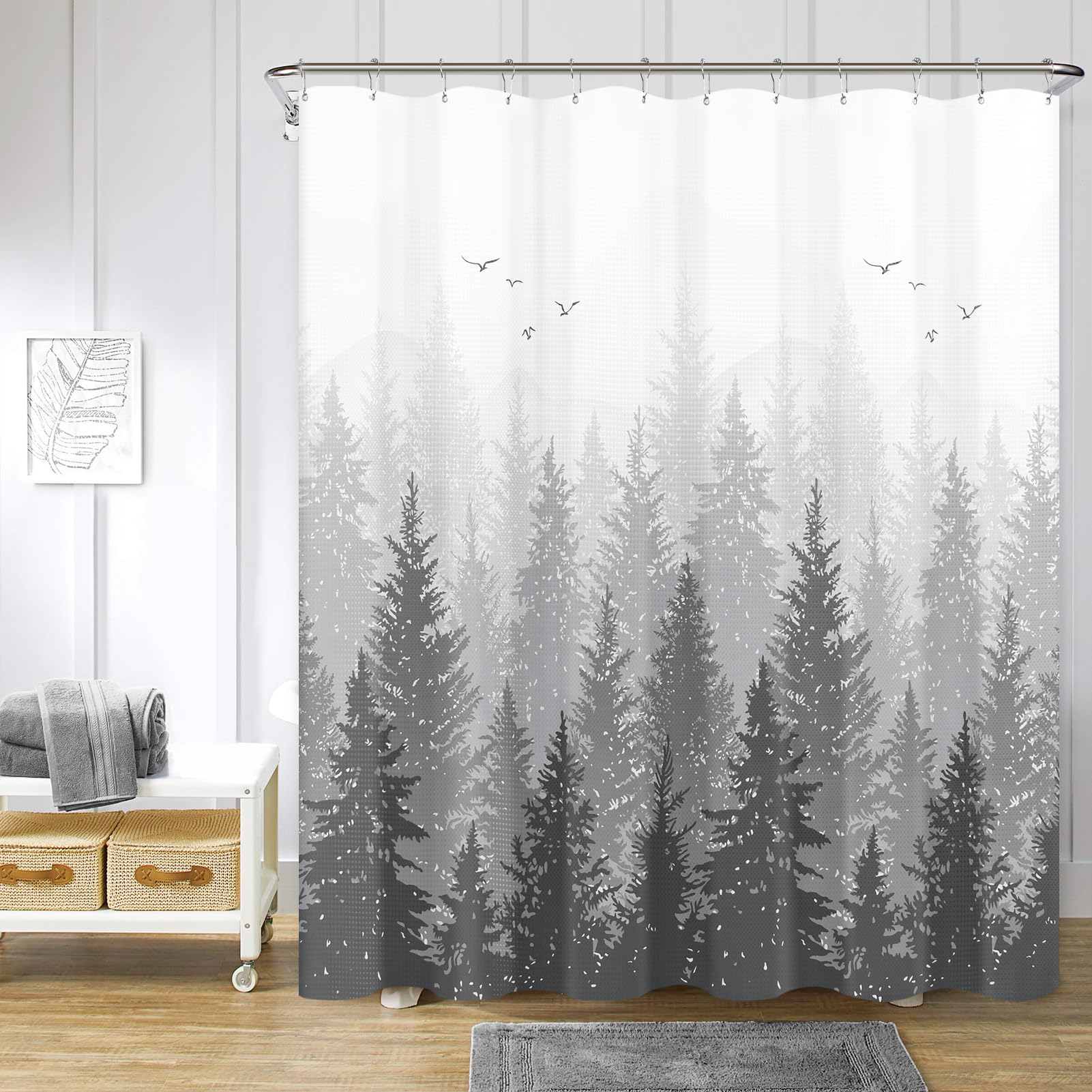 Hokibero Mountain Grey and White Shower Curtain Misty Forest Shower Curtain Nature Tree Plant Waffle Fabric Curtains for Bathroom Water Repellent