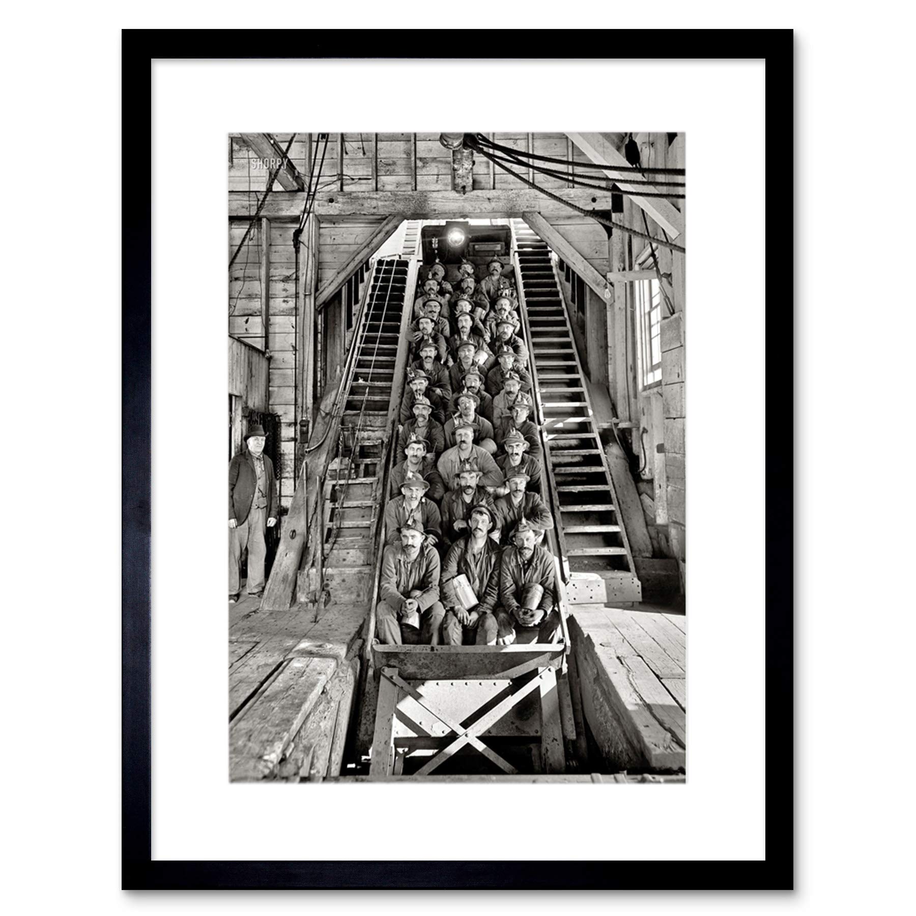 Wee Blue Coo Black White Y Coal Miners Lift Elevator Shaft Framed Wall Art Print