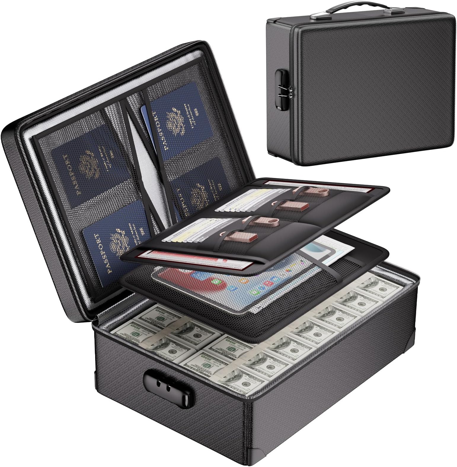 Fireproof Document Box with Lock - 12 Layers Heat Insulated File Organizer Hard Case Safe Box with Fireproof Zipper, Home Safe Protects Important Documents, Passport, Cash (Black)