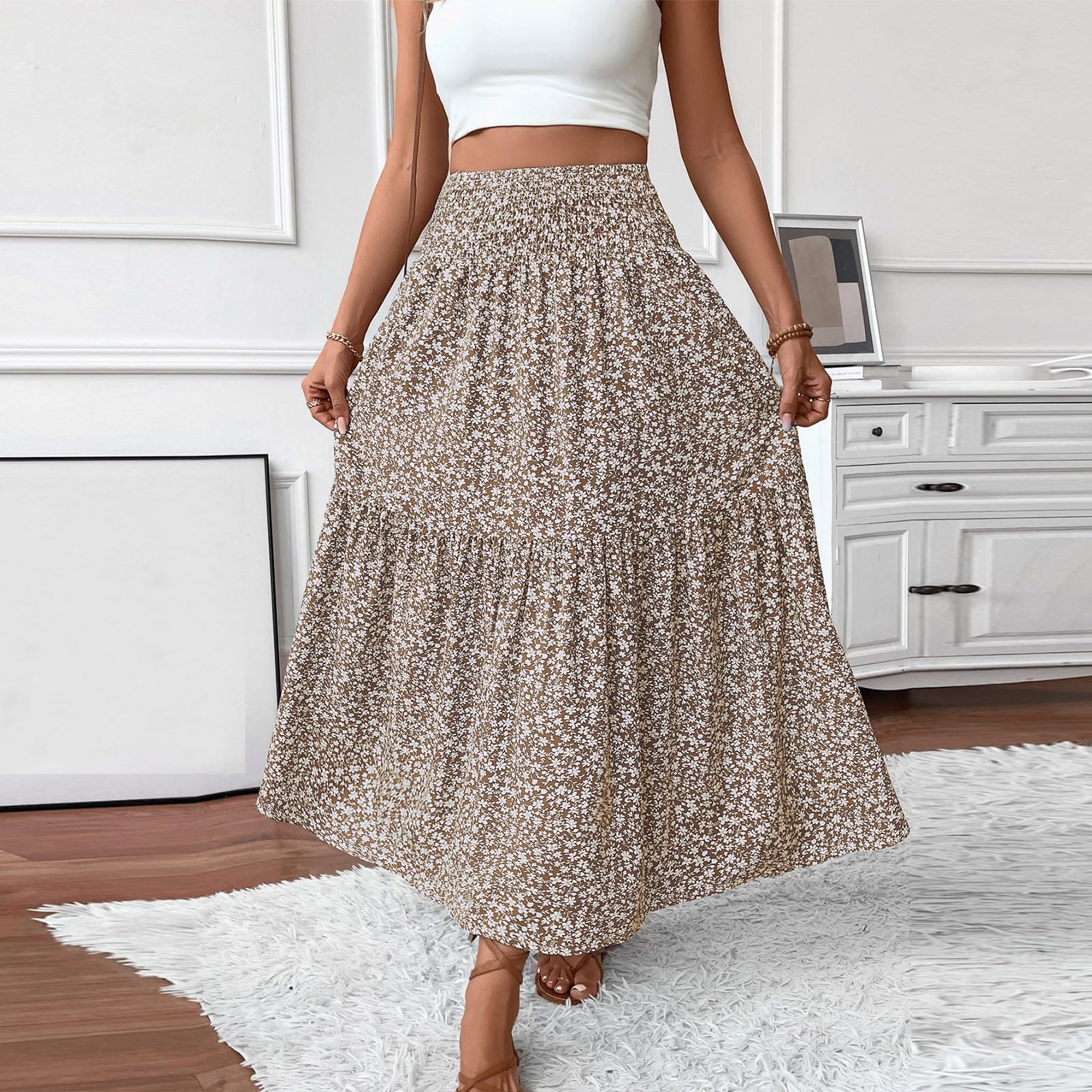 Damen Rock Lang Elegant Sommerrock Mit Taschen Stretch High Waist Damenröcke Boho Strand Summer Skirt