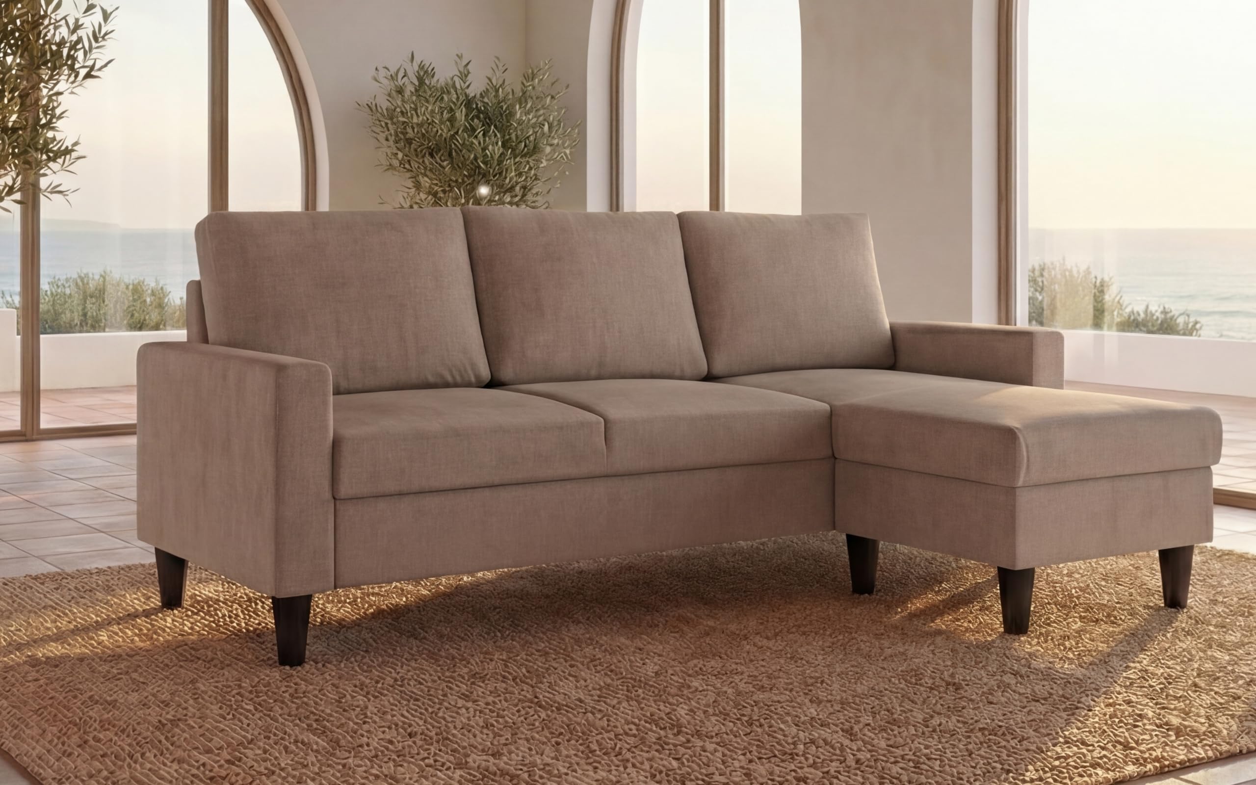 BUDWING Fox Sofá de Salón 3 Plazas - Chaise Longue Esquinero Reversible Izquierda o Derecha – Tapizado en Tela – Taupe