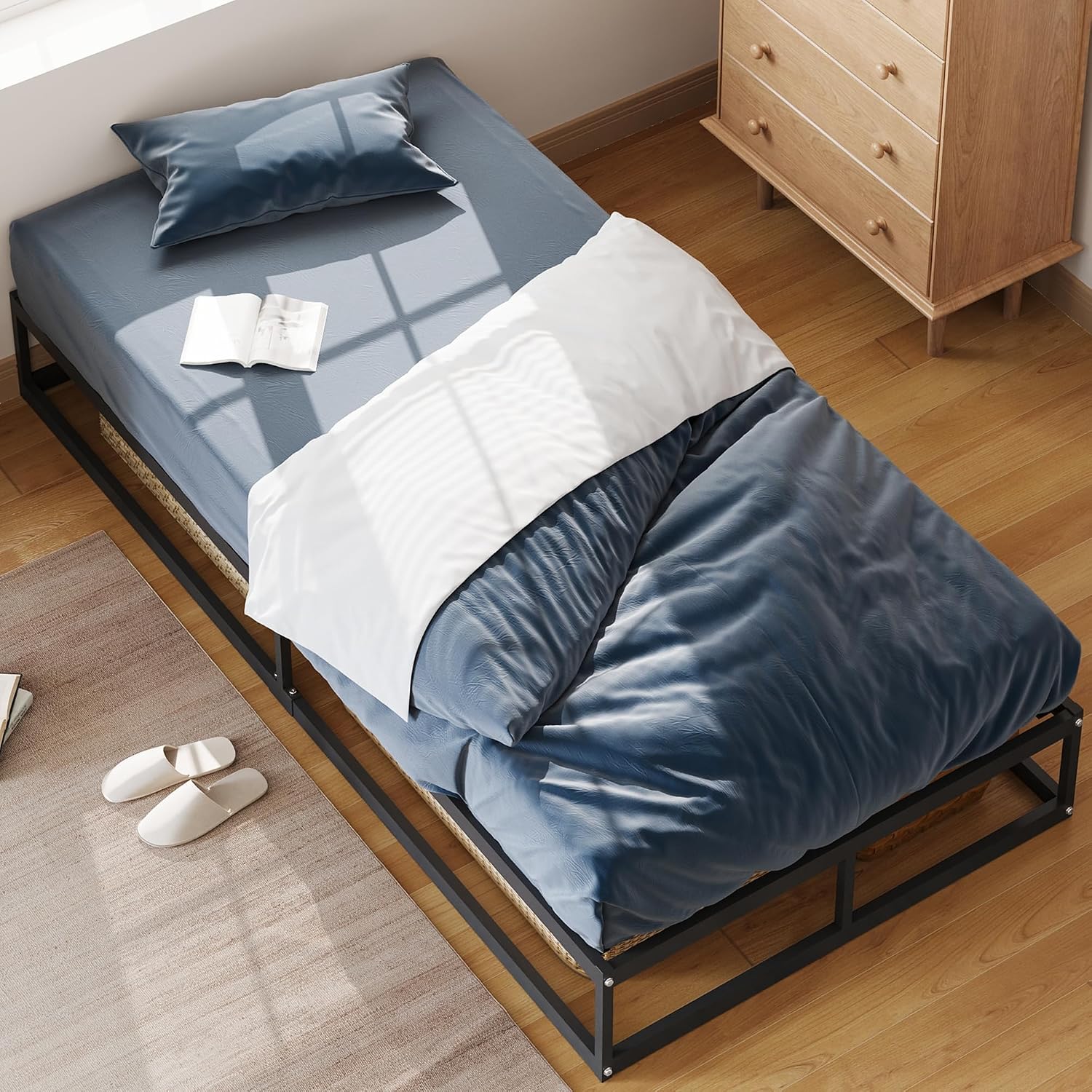 WLIVE Single Pipe Bed Frame with blue bedding and pillow.
