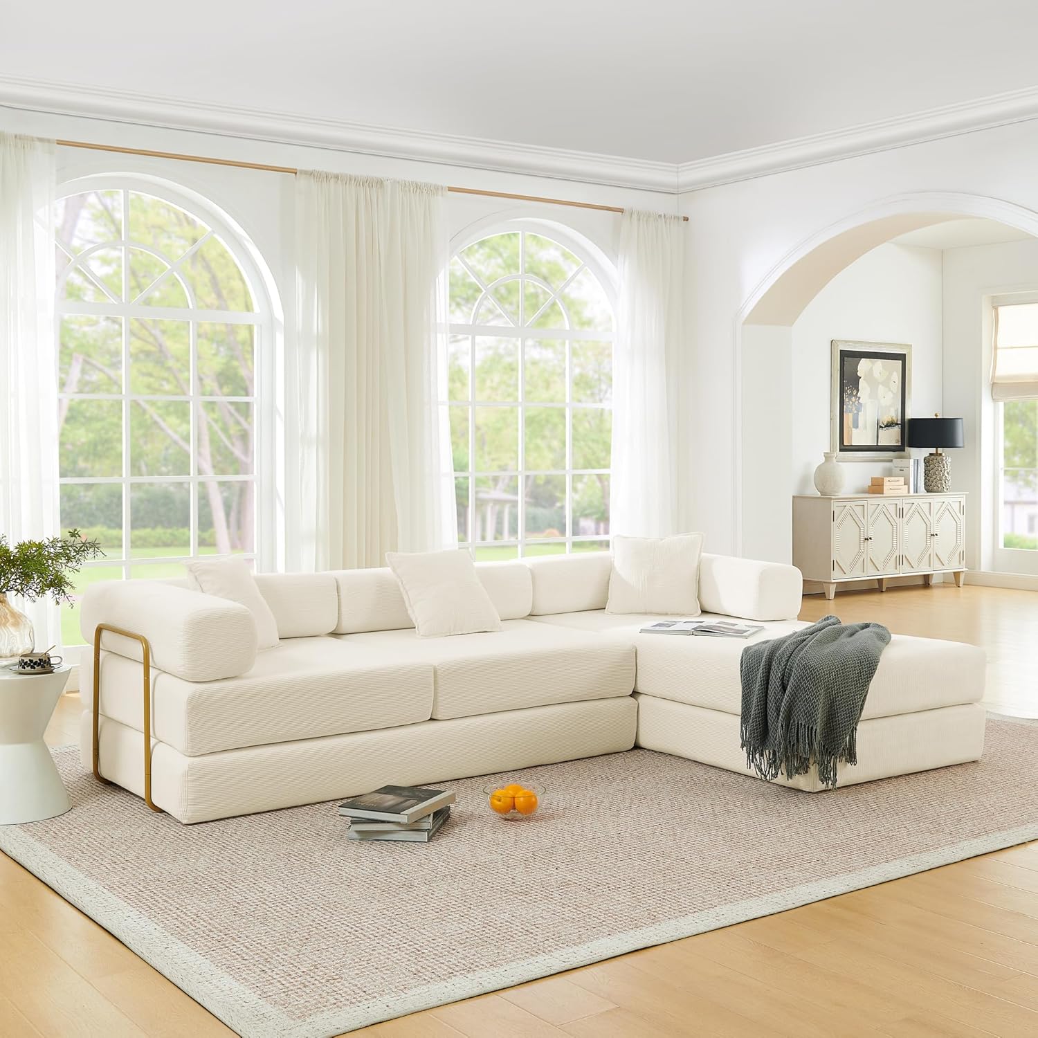 Eafurn L Shaped Convertible Sleeper Sofa Bed King Size Sleeper Sofabed, 7-in-1 DIY Combination Corduroy Folding Mattress Couch with Fixed-Shape Frame, Boneless Floor Sofa Couch