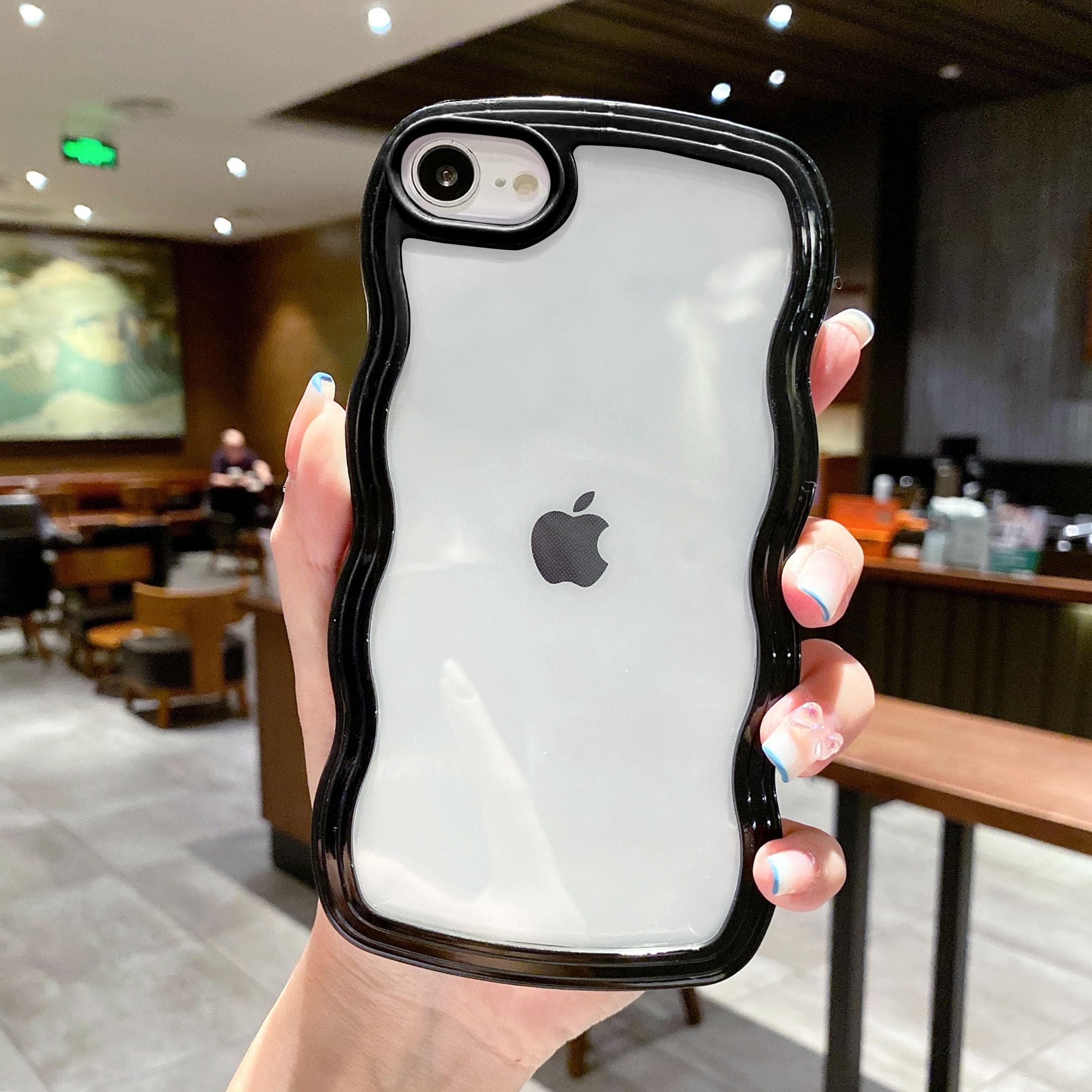 QLTYPRI Case for iPhone SE 2022 / SE 2020, iPhone 8/7, Cute Curly Wave Frame Clear Case for Girls Women, Transparent Soft Silicone TPU Bumper Shockproof Phone Cover - Black