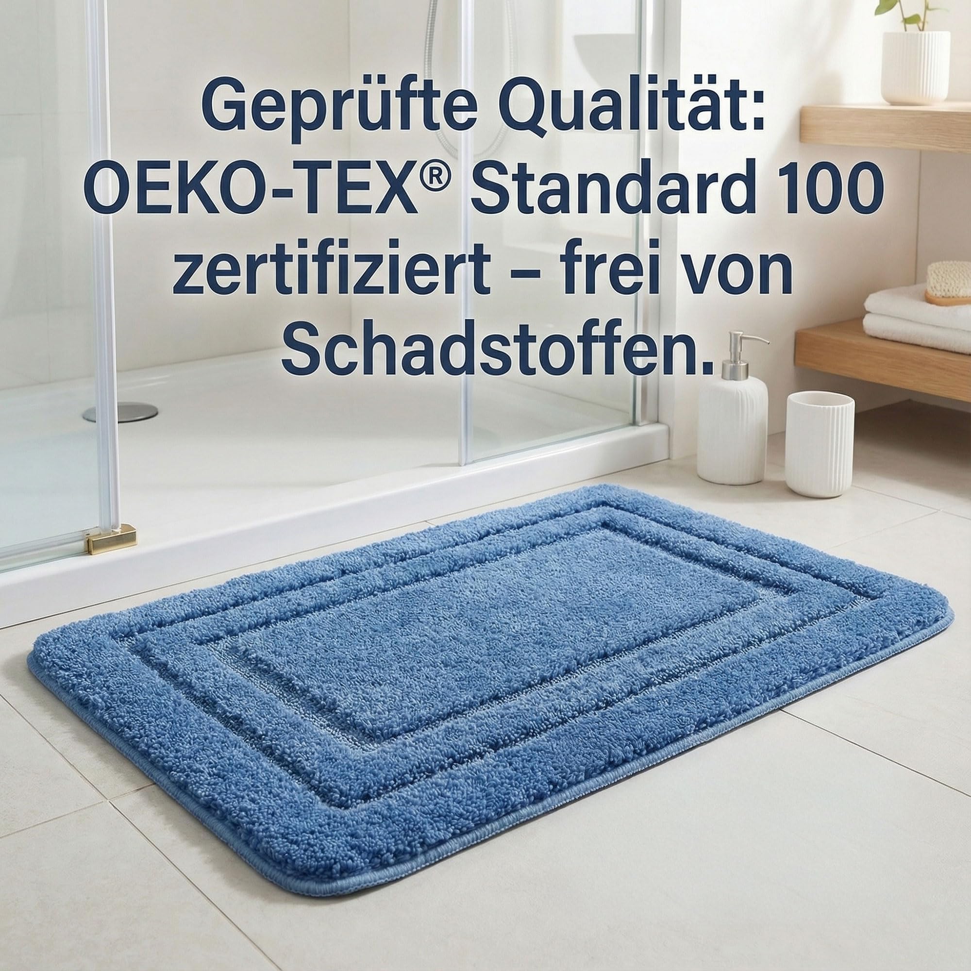HELLSER Badezimmerteppich KIRA | Badematte rutschfest & Waschbar | Weicher Mikrofaser Badteppich | Saugfähig & Schnelltrocknend | Oeko-TEX Badvorleger für Fußbodenheizung | Blau | 60x120 cm