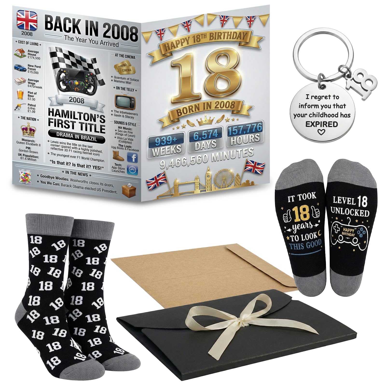 Runovate Boys Black-18Th1 18Th Birthday Gifts For Funny 18Th Birthday Socks, 18Th Birthday Card And Keyring Set,Birthday Gift For 18 Year Old Son Or Grandson