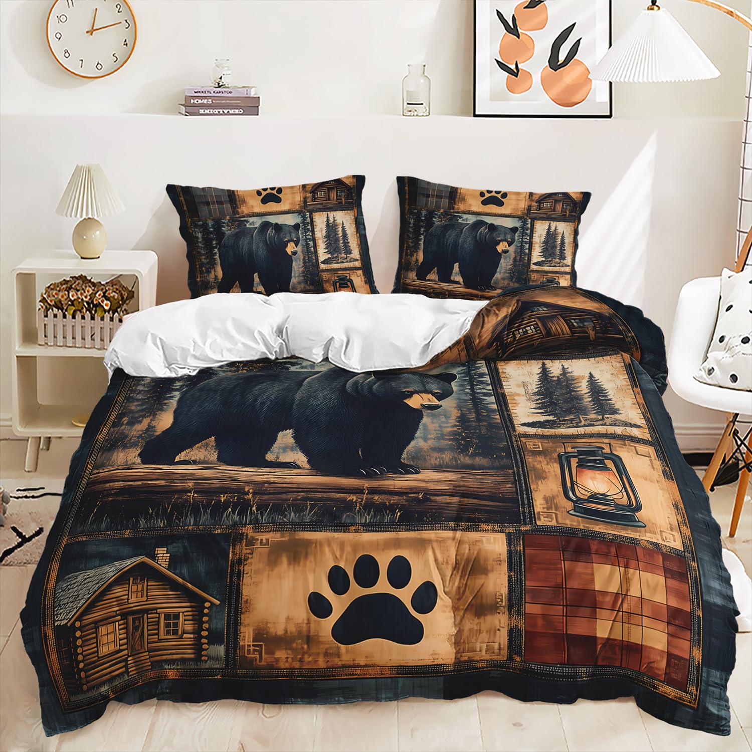 AILONEN Black Bear Duvet Cover Set King Size,Rustic Bear Bedding Set for Kids Boys Girls,Wildlife Themed Hunting Comforter Cover with 2 Pillowcases,3 Pieces