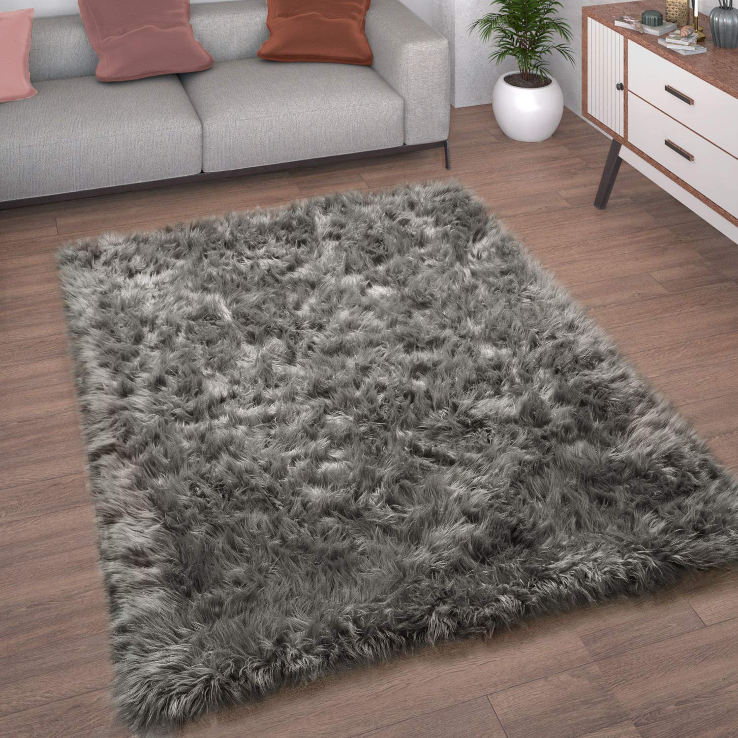 Paco Home Kunstfell Fellteppich Imitat Teppich Hochflor Sitzkissen Herzform Rund Fell Form, Grösse:90 cm Rund, Farbe:Anthrazit