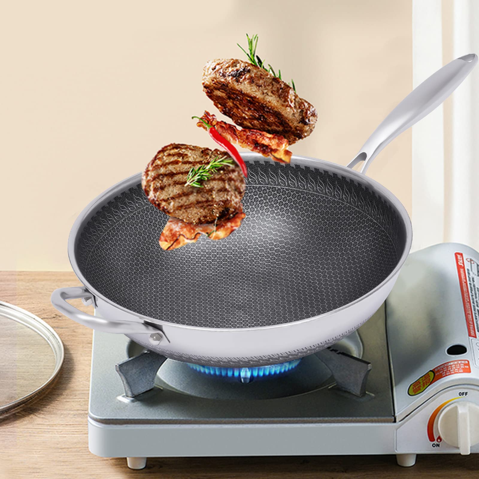 Wok padella con coperchio, wok in acciaio inox da 12 pollici, padella wok con rivestimento a nido d'ape, antiaderente wok con coperchio, set wok a induzione