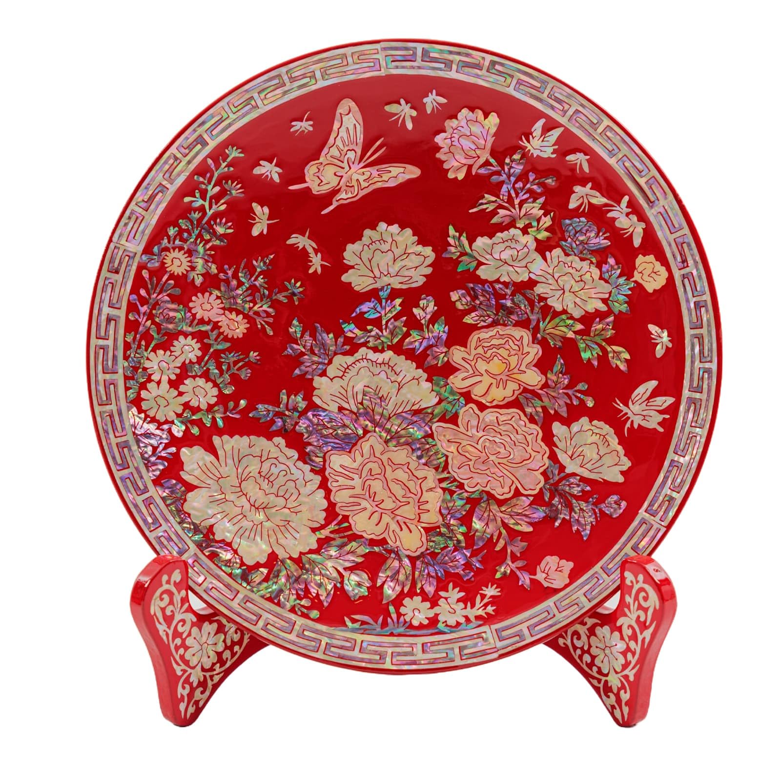 February Mountain Handcrafted Mother-of-Pearl Inlay Decorative Lacquer Plate - Floral and Butterfly Design with Stand
