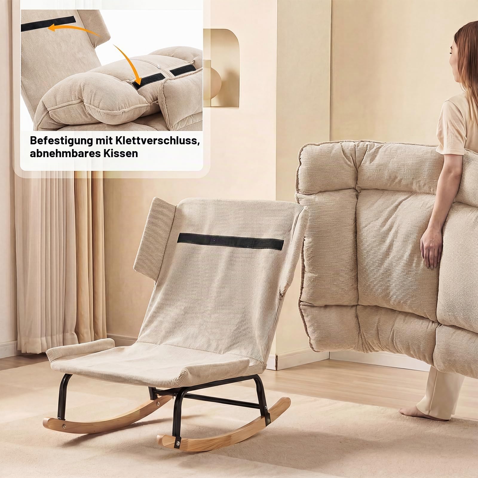 Fabulcozy Schaukelstuhl aus Cordsamt mit Fußstütze, Relaxsessel verstellbar in 3 Positionen, mit abnehmbarem Kissen, Wohnzimmerstuhl für Entspannung