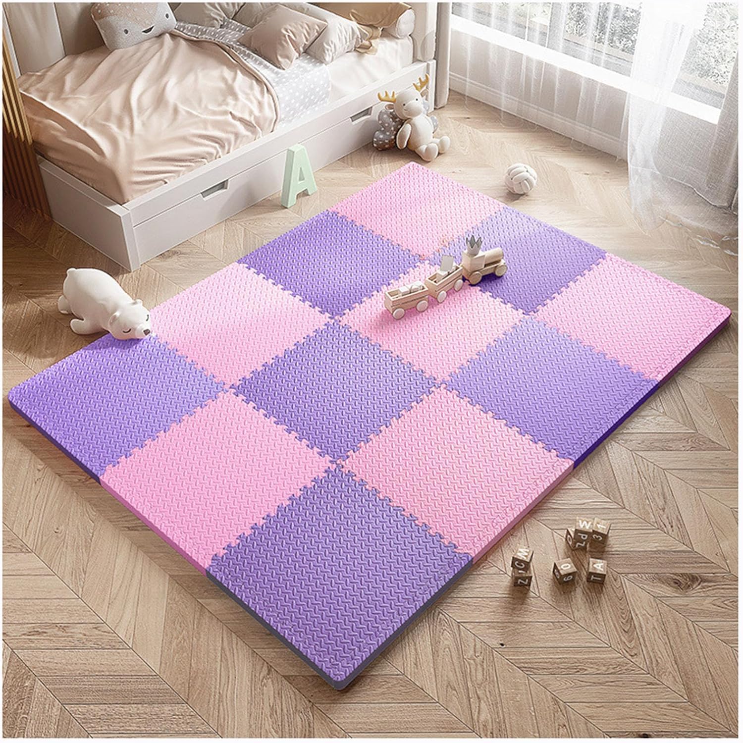 Tappetino da Gioco in Schiuma 16 pezzi/15,36 Piedi Quadrati 12x12 Pollici Multicolore tappetini ad Incastro Morbido Tappeto Puzzle in Schiuma(Pink+Purple)