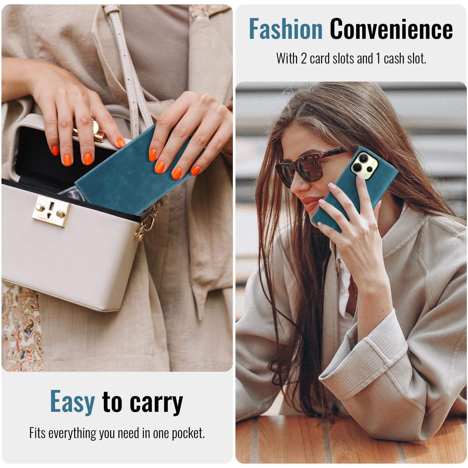 Azororo Cover per Xiaomi Redmi Note 14 4G, Premium PU Pelle Custodia, Magnetica Carta Fessura Portafoglio Case, Flip Cavalletto Custodia per Redmi Note 14 4G - Blu verde