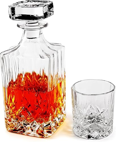 Miniatura 2 de Circleware Wellfort - Juego de 5 decantadores de whisky, 1 botella dispensadora de licor con tapón cuadrado y 4 vasos de barra a juego, jarra de