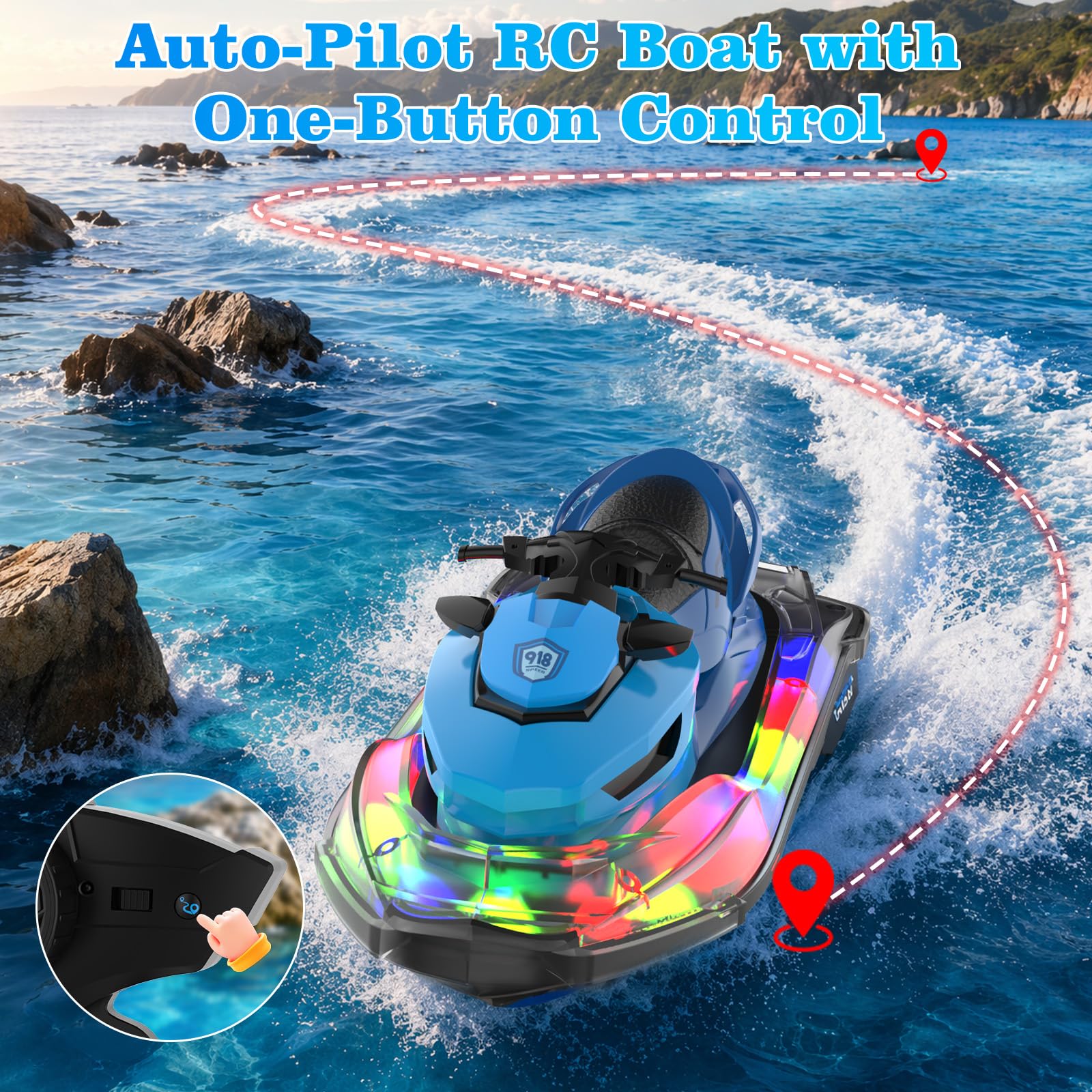 Barca RC, Barca Radiocomandata Per Bambini & Adulti, Barche RC Per Piscina E Lago, Barche Acquatiche Con Luci LED, Nave RC Elettrica Con Batteria Ricaricabile, Regalo Per Ragazzi, Ragazze