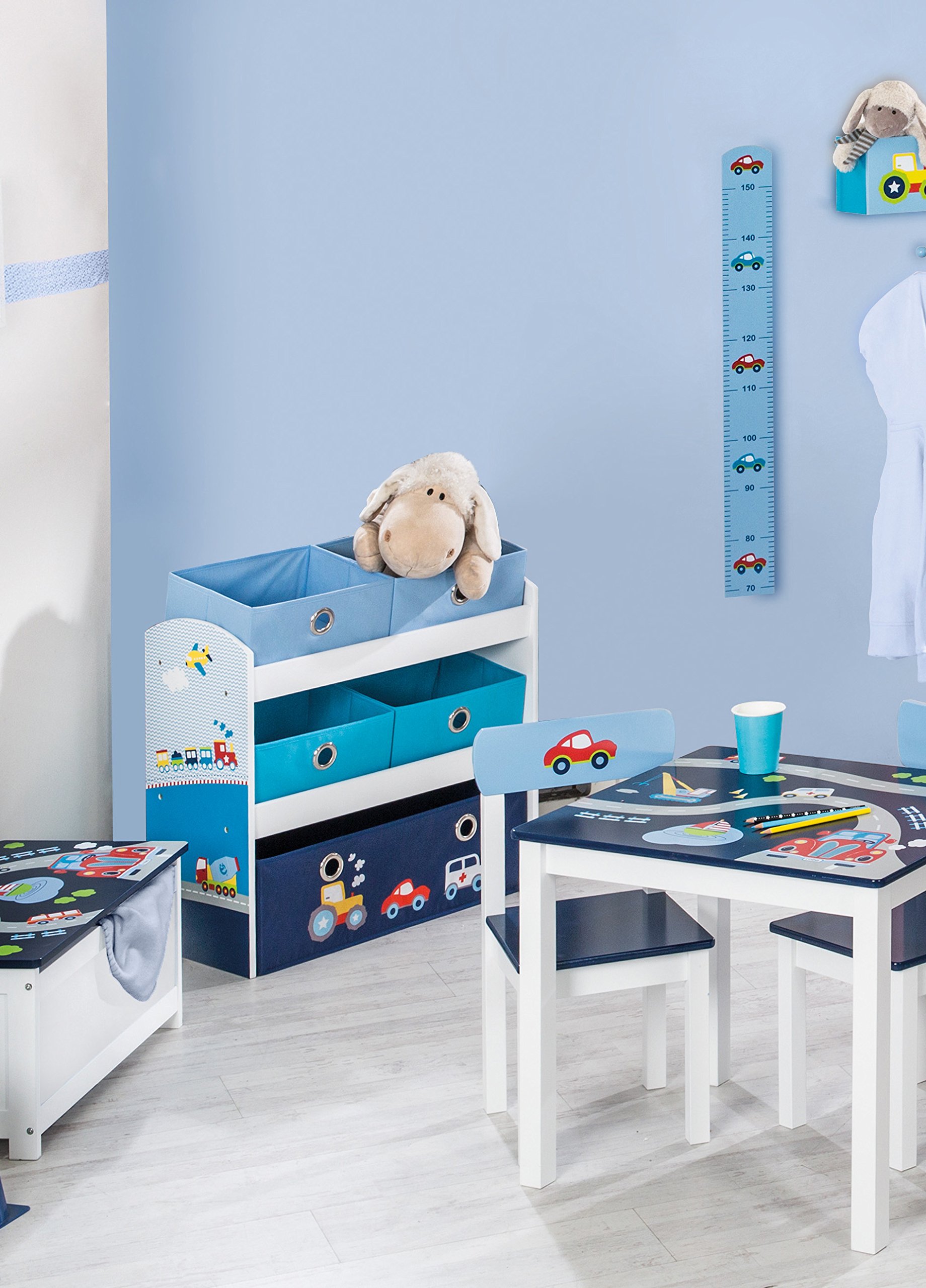 roba Étagère pour Jouets Enfant en Bois Rennfahrer - 5 Paniers en Tissu Amovibles - Meuble de Rangement pour les Jouets - 64 x 30 x 60 cm - Motif Véhicules de Transport - Bleu