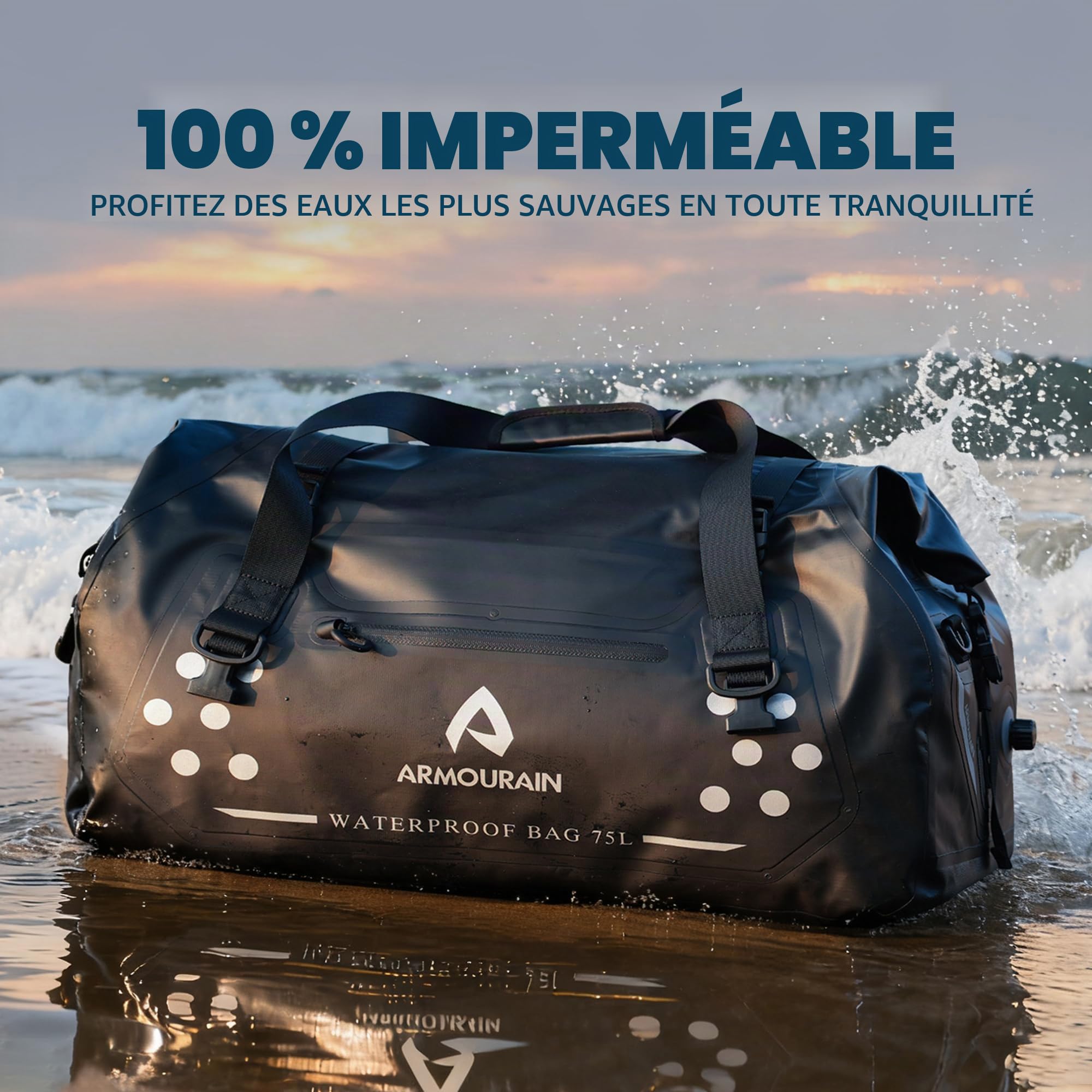 Sac Sec Moto 75L Grand Sac Polochon étanche Sec de Siège de Coffre Pliable pour Voyage, Canotage, Moto, Kayak (Noir)