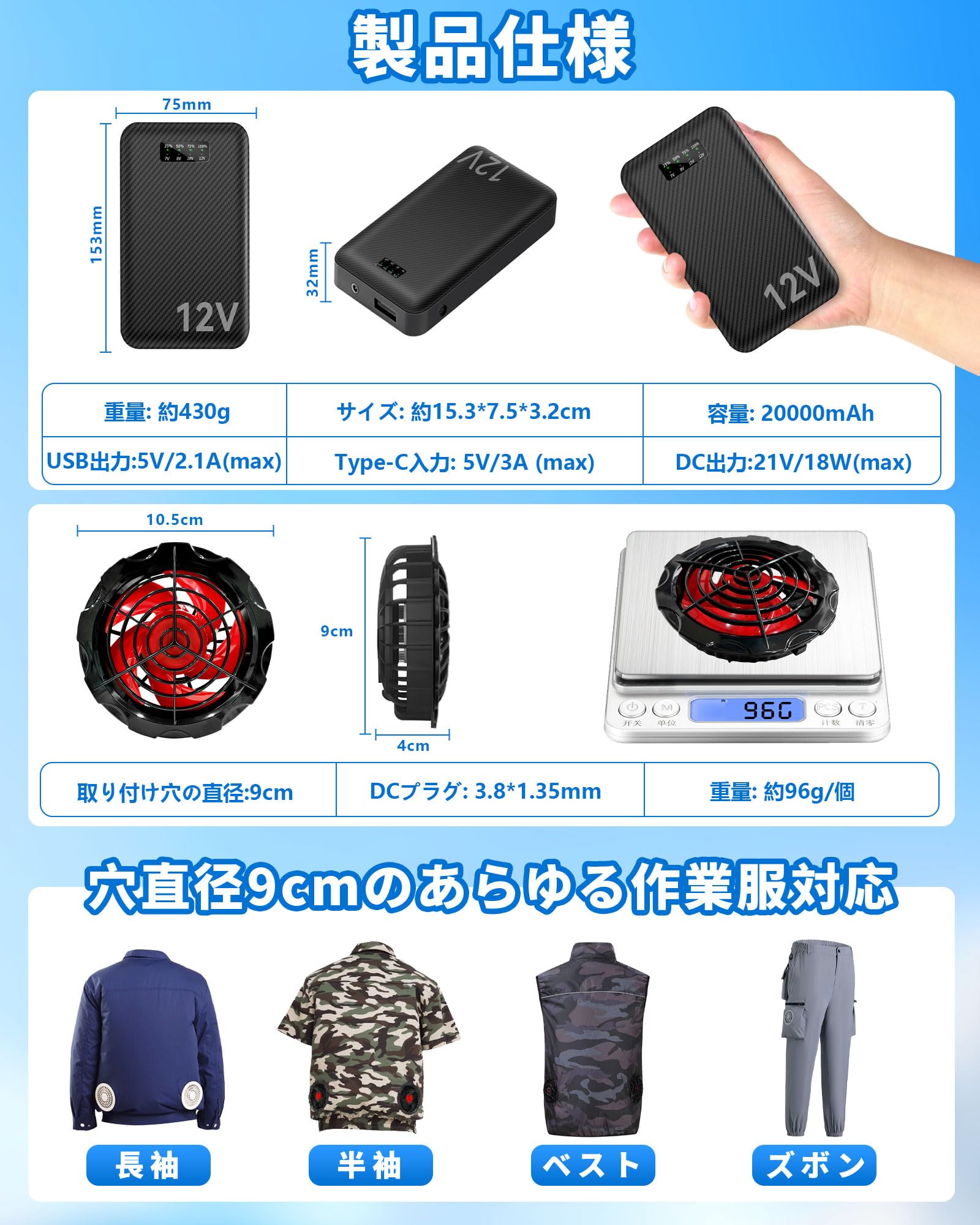 Amazon.co.jp: 空調作業服 ファンバッテリーセット 12V 大容量 超高