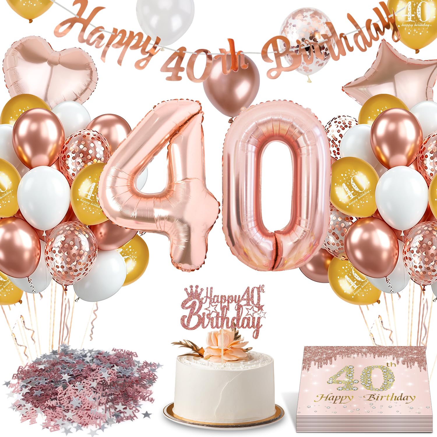Ezydka 40 Geburtstag Deko Frauen Rosegold Geburtstagsdeko 40 Jahre Frau | Deko 40er Geburtstag Frau mit Luftballons Girlande Servietten Tortendeko Konfetti für Partydekorationen