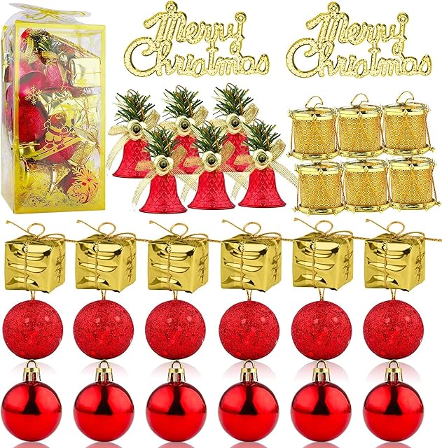 32 PCS Christmas Baubles Set, Christmas Balls Ornaments Shatterproof Hanging Ball Baubles Christmas Tree Decoration with Shiny Matte & Glitter Decorated Baubles Merry Christmas, 3.5/4cm, Gold and Red