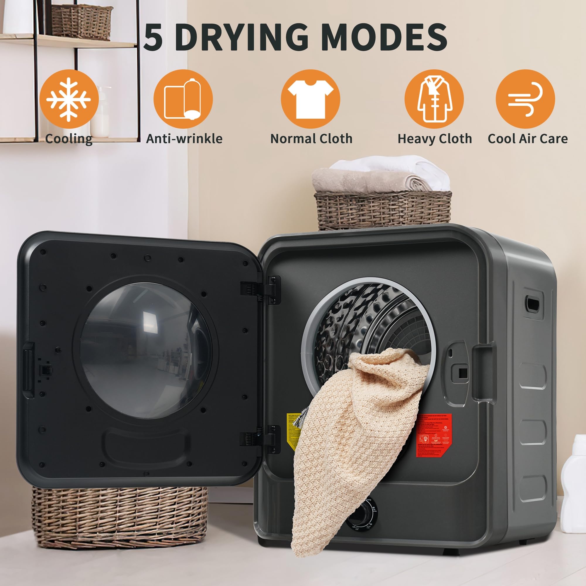 Secadora de Evacuación 4,5 kg con 5 Programas, Carga Frontal Secadora de Ropa 830 W, Montable en la Pared Secadora de Ropa con Tambor Inox, para Piso, Casa, Mobil Home, 60x50x44 cm (Gris)