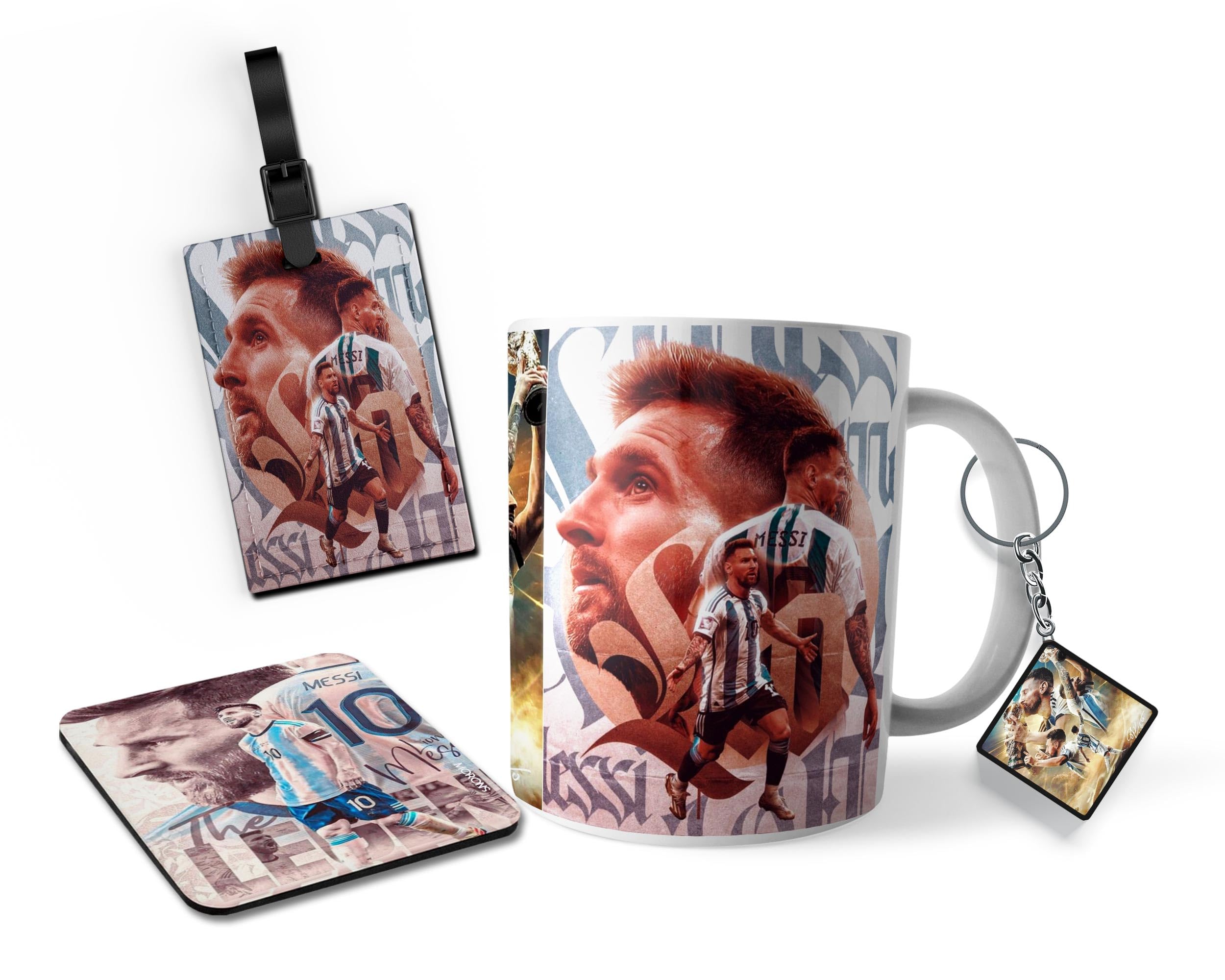Morons The All Time Legend-Messi G.O.A.T Tribute Gift Box Includes 4 Items: Mug, Keychain, Bag Tag, and Tea Coaster - The Ultimate Football Fan Collection; 330ML Ceramic Mug (D1)