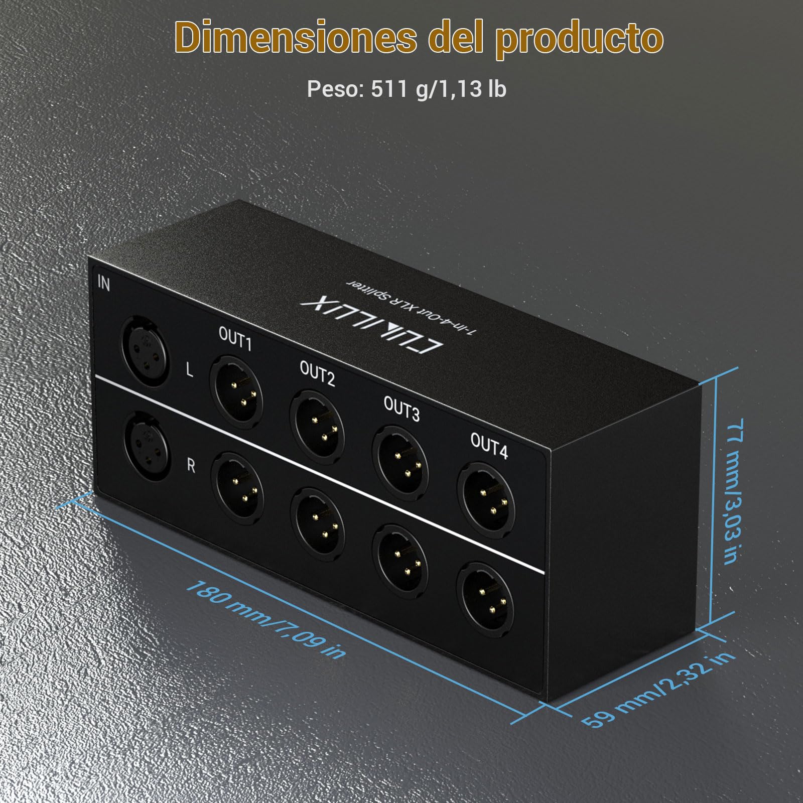 Cubilux Divisor pasivo de audio estéreo XLR de 4 vías, 1 convertidor de audio equilibrado hembra a 4 machos, caja divisora de 4 canales de 1 entrada y 4 salidas