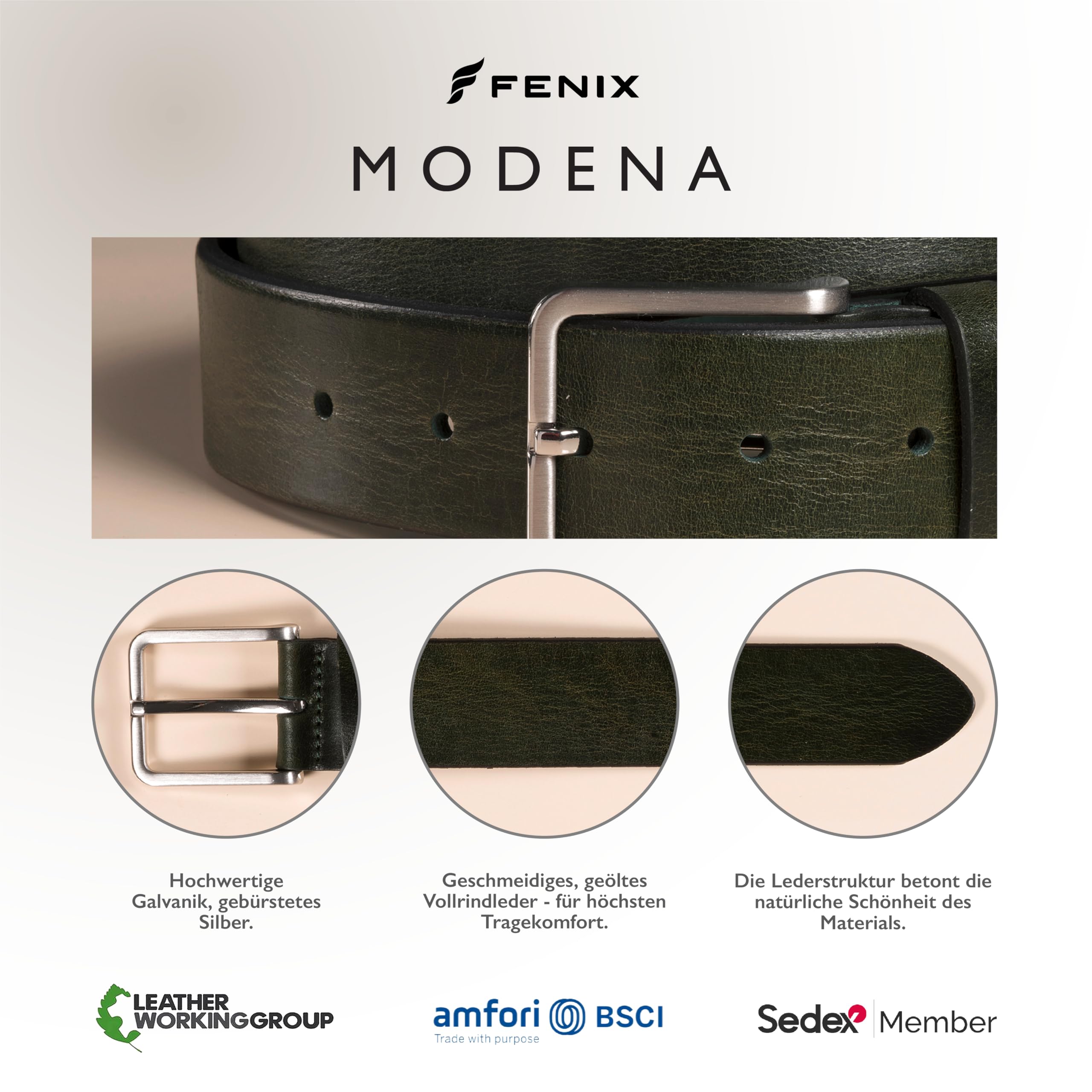 FENIX MODENA Gürtel Herren, verstellbarer Ledergürtel Fein Gebürstete Silberschließe, 35 mm breit, Gürtel aus Vollrindleder