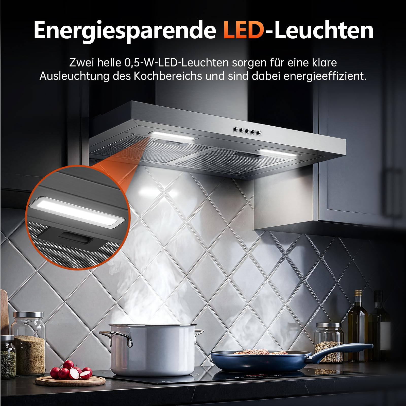 TopStrong 60cm Dunstabzugshaube Wandmontage, 450m³/h T-Shape Abzugshaube, 3-Stufen mechanisch, A++ bürstenloser Motor, 430 Edelstahl, LED, Umluft & Abluft Dunstabzugshaube