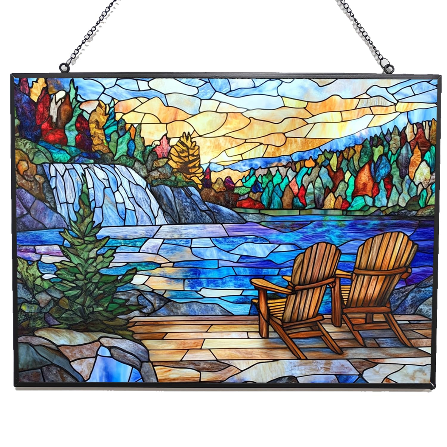 365CUSGIFTS Personalized Rectangle Two Chairs On The Deck Hand Painting Suncatcher Stained Glass Stained Glass Window Hanging Home Decor Garden Halloween Christmas Wedding Housewarming Gifts