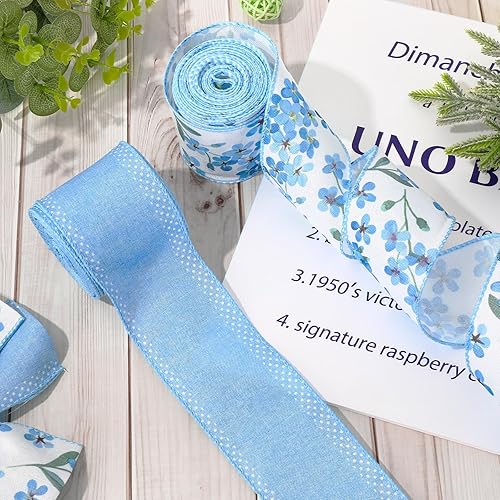 Miniatura 4 de Cinta de tela con borde con alambre blanco y azul, 20 yardas y 2.5 pulgadas, para boda, despedida de soltera, corona, lazo para manualidades,