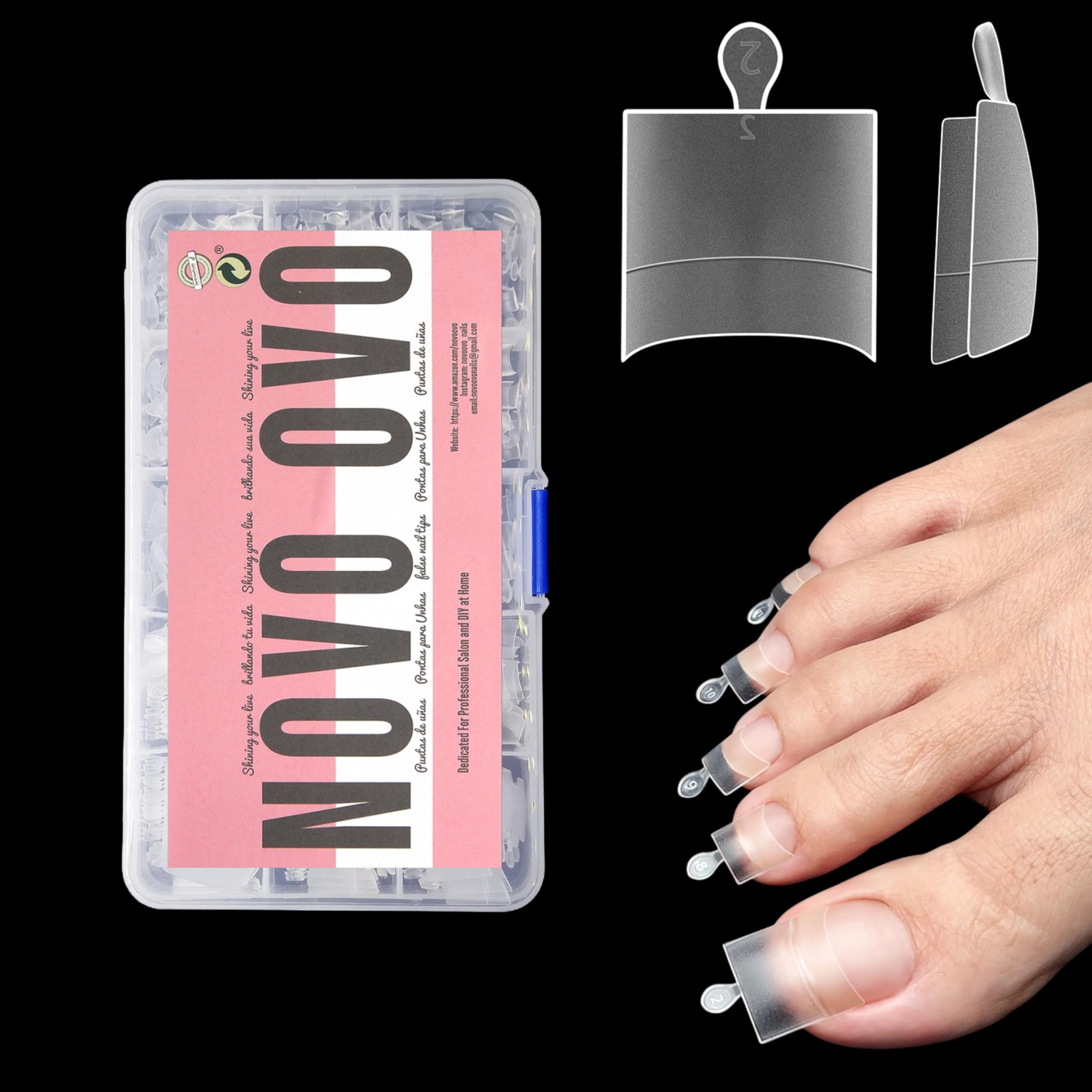 NOVO OVO Fake Toe Nail Tips, Soft Gel Toenail Extension, Half Cover Prefiled Square Clear Double Matte C Curve Longtoes Claw for Pedicure Acrylic