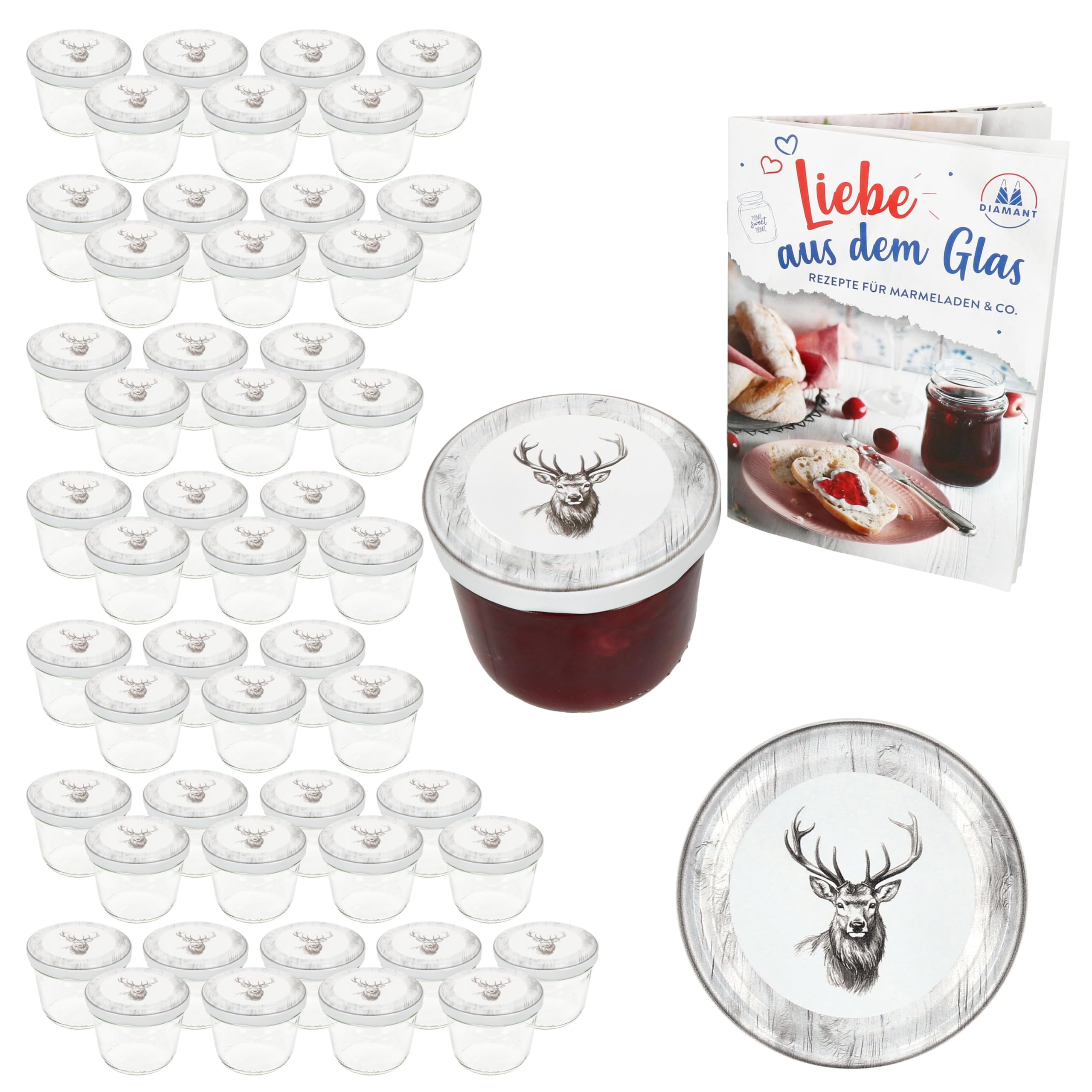 MamboCat Lot de 50 bocaux en verre de 230 ml avec couvercles à visser Alois Cerf I Bocaux de conservation + jusqu'à 82 couvercles + livret de recettes gratuit I Bocaux de conservation et conservation