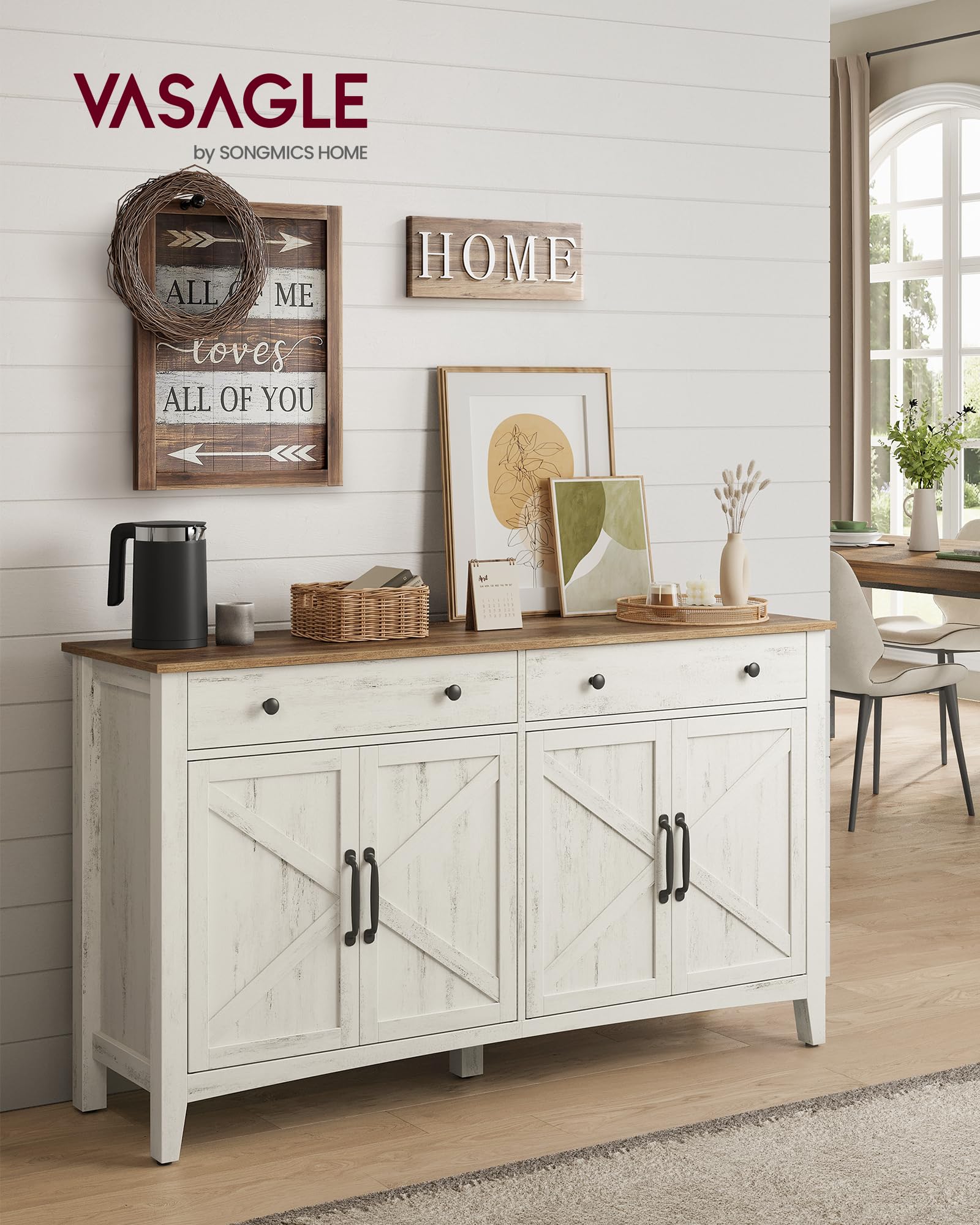 VASAGLE Kredens, szafka do przechowywania z szufladą, szafka kuchenna z drzwiami i regulowaną półką, styl wiejski, do salonu, jadalni, 40 x 140 x 80 cm, rustykalna biel i miodowy brąz BBK381W02
