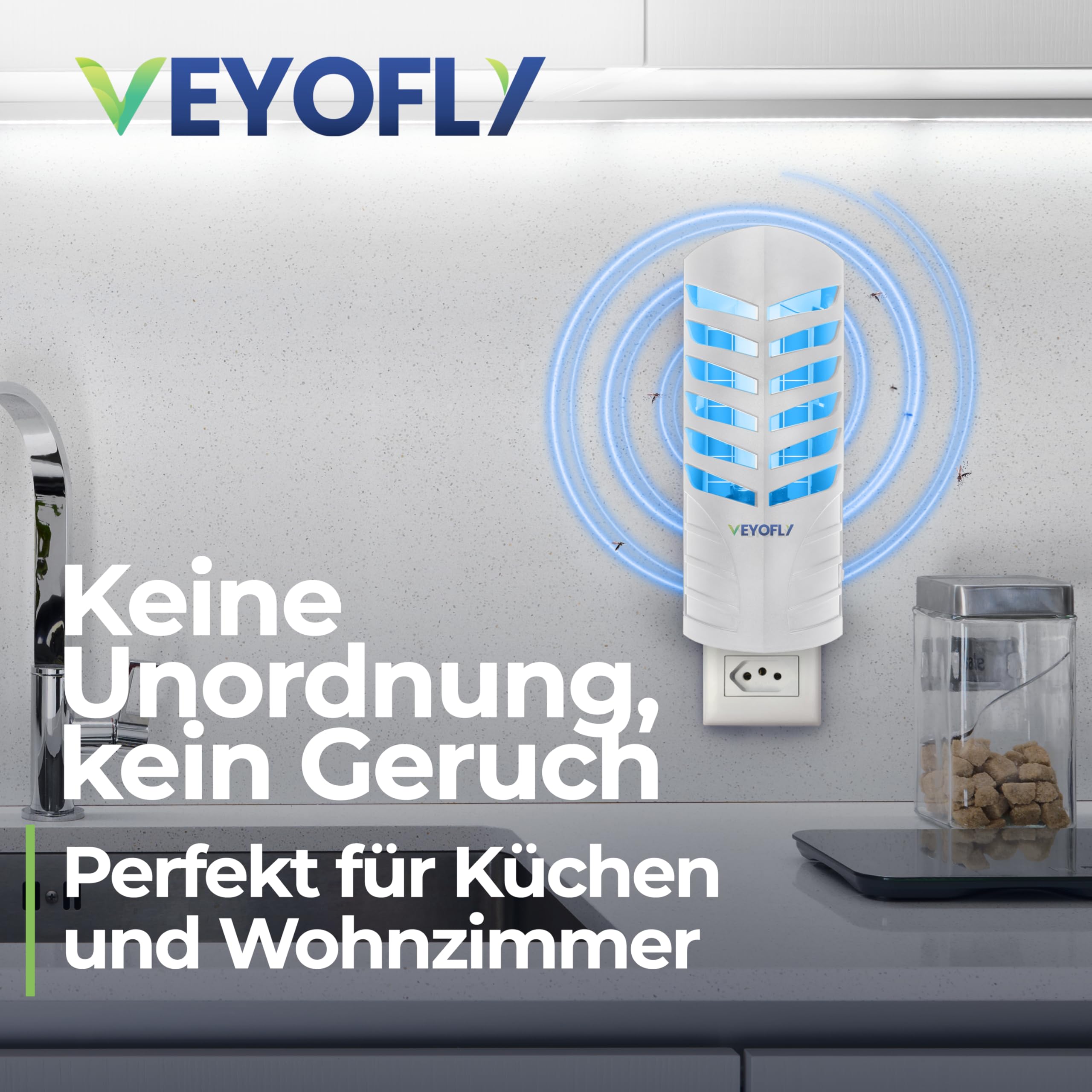 VEYOFLY Fliegenfalle UV, Fruchtfliegenfalle, 2 Geräte + 4 Nachfüllungen | UV-Licht lockt Insekten auf Wechsel-Klebekarten, leise 24/7, Stecker, Innenbereich, ohne Insektenvernichter Elektrisch