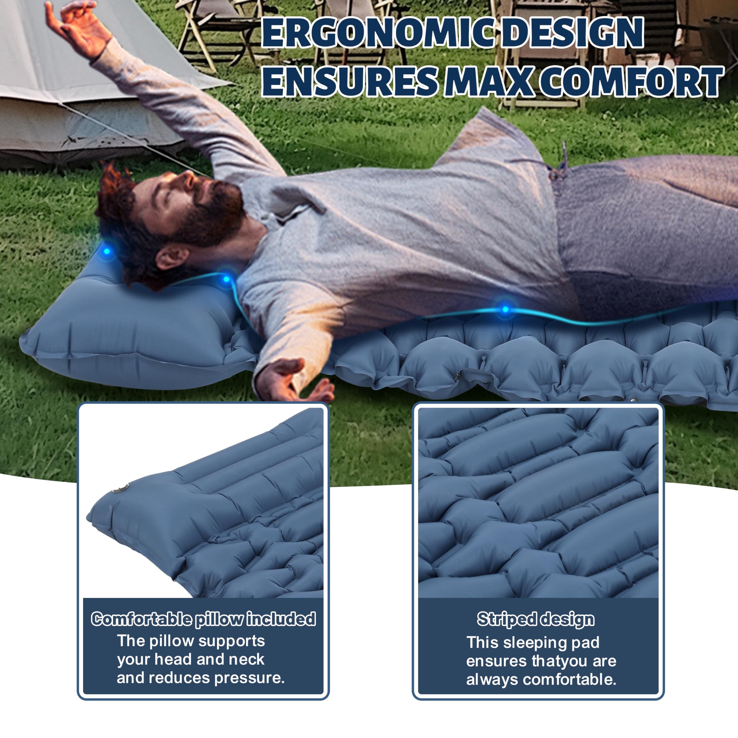 Materassino autogonfiabile, materassino ad aria da campeggio ultraleggero gonfiabile con pompa a pedale e cuscino, materassino ad aria impermeabile, materassino per dormire all'aperto per escursioni