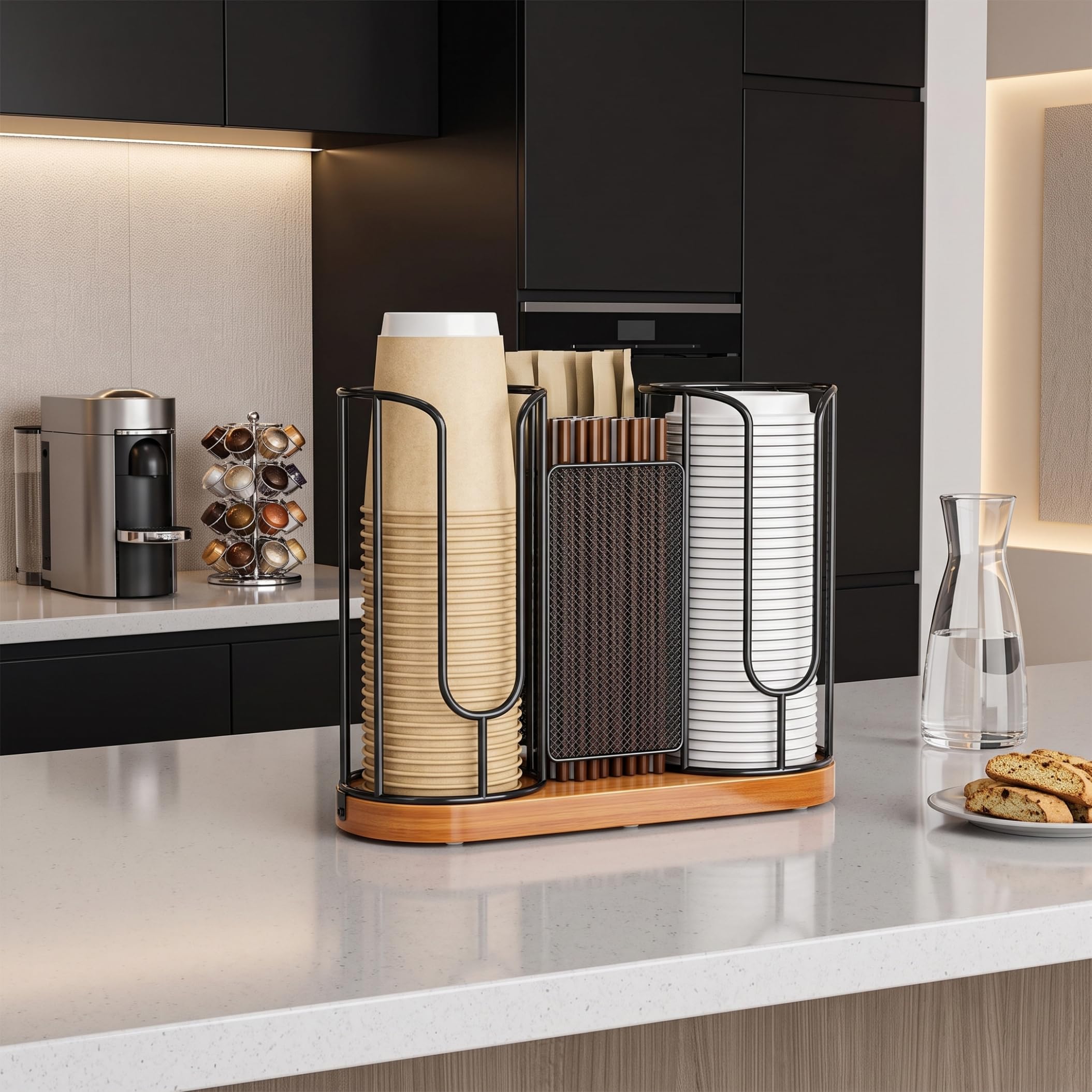 Dispenser per tazze da banco, coperchio con base in legno naturale a 3 scomparti, compatto